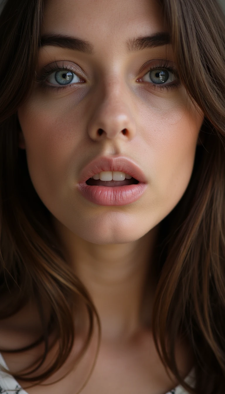 close-up of a feminine woman with big soft blue eyes, long dark lashes, defined cheekbones, wavy brown hair cascading over one shoulder, neutral expression, slightly open lips, natural glossy skin texture, shot in soft afternoon window-light with shallow depth of field, polish girl, low-angle shot from chest level looking up, chin raised, warm rim light outlining jaw, gradient backdrop