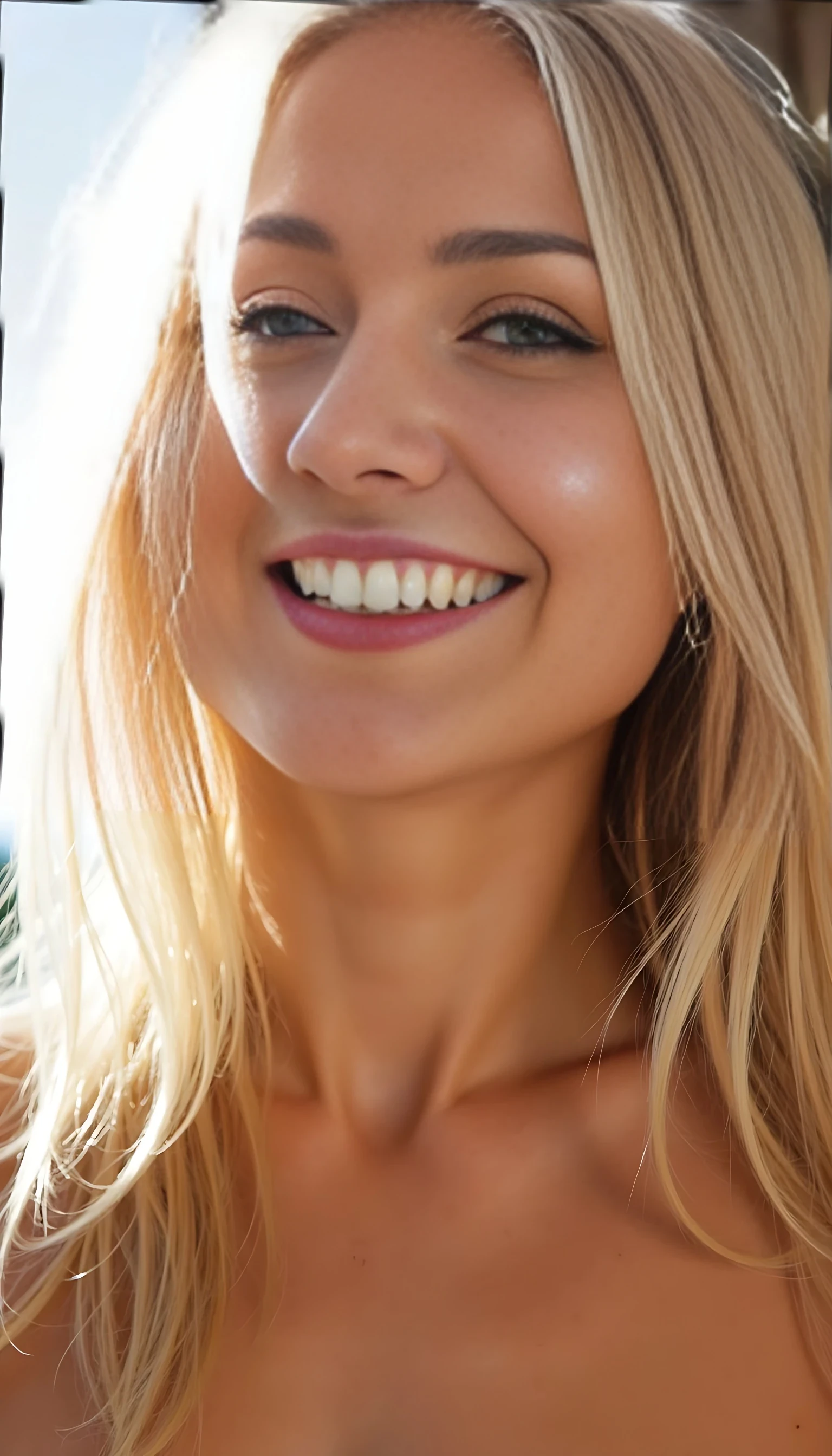 A low-angle selfie looking slightly up at her as she smiles warmly down at the camera. Her platinum blonde hair falls over her shoulders, glowing in the sunlight. She has a calm, relaxed presence, with soft golden tones on her skin and a gentle wind in the air.