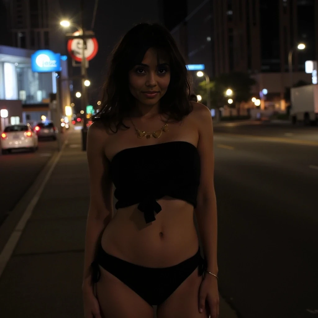 boring low quality medium waist big tits big ass picture with normal cloths in a citiy at night 