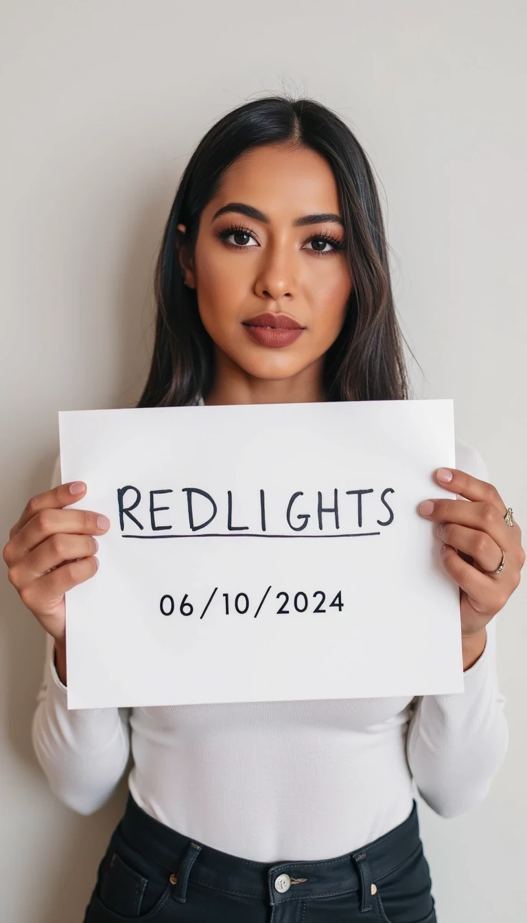 photo of woman CSTMDL, woman holds a sign with handwritten text. She is wearing long sleeves and has neutral makeup. The sign reads "REDLIGHTS" followed by "06/10/2024" in a simple script. The background is a plain, light-colored wall, providing a minimalist and uncluttered setting.