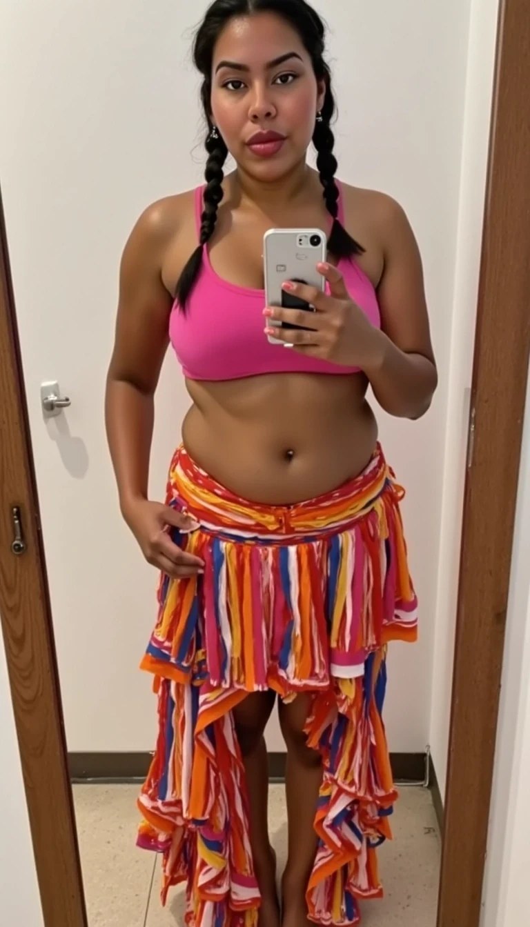 A full body selfie photo of CSTMDL a slim 35-year-old adult native American woman with light brown skin tone, she is looking at the camera, the front of her body is facing towards the camera, she is posing seductively for the camera, she maintains intense eye contact with the camera at all times, she has cute pigtails, she is wearing a long contemporary native American ribbon skirt that has horizontal ribbons on the bottom of the skirt paired with no top, she has large sized dark skinned nipples that are hard and pointy, realistic, no earrings, award winning photography, professional lighting, 