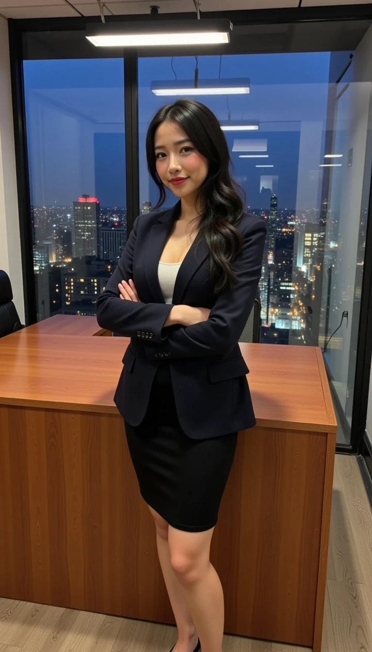 This is a high-resolution photo of Amy dressed in a sleek, dark navy blazer over a white silk blouse, paired with a tight black pencil skirt. Her long black hair is styled into a smooth, professional ponytail. She wears red lipstick and black stilettos. Amy stands beside a large wooden desk in a glass-walled office, city lights twinkling outside. Her arms are crossed, her posture confident and in control. The lighting is cool and professional, with overhead fluorescents casting soft shadows.