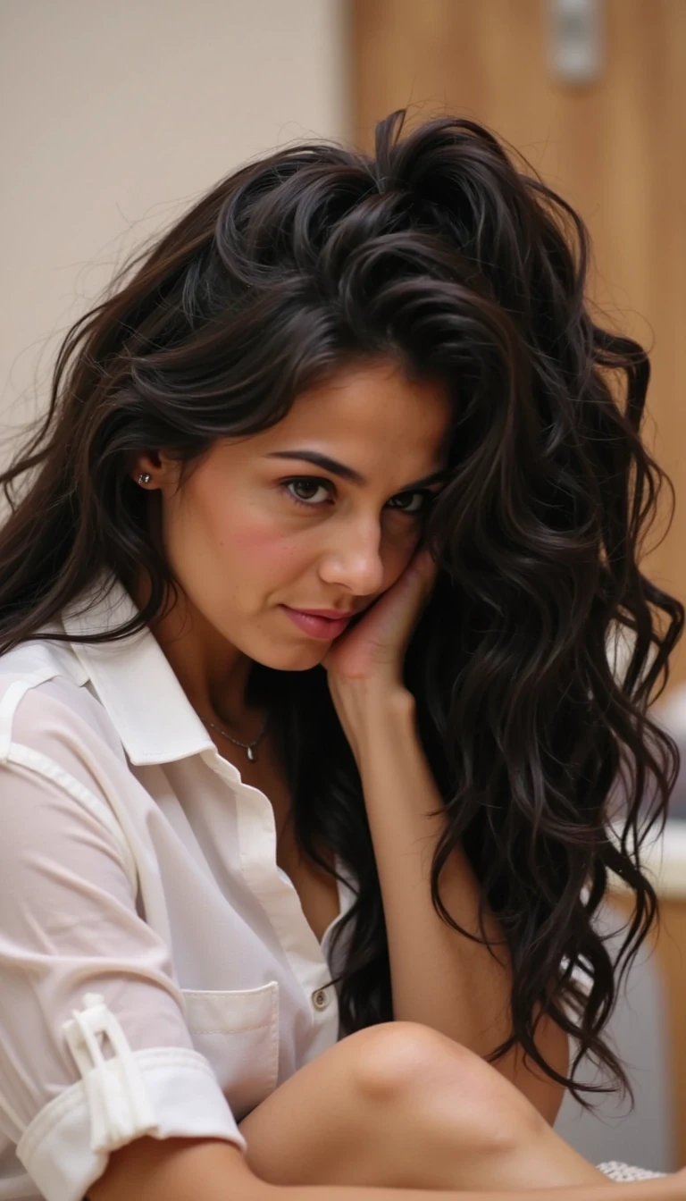 Woman with long curly black hair up in a ponytail        in a nail salon getting pedicure