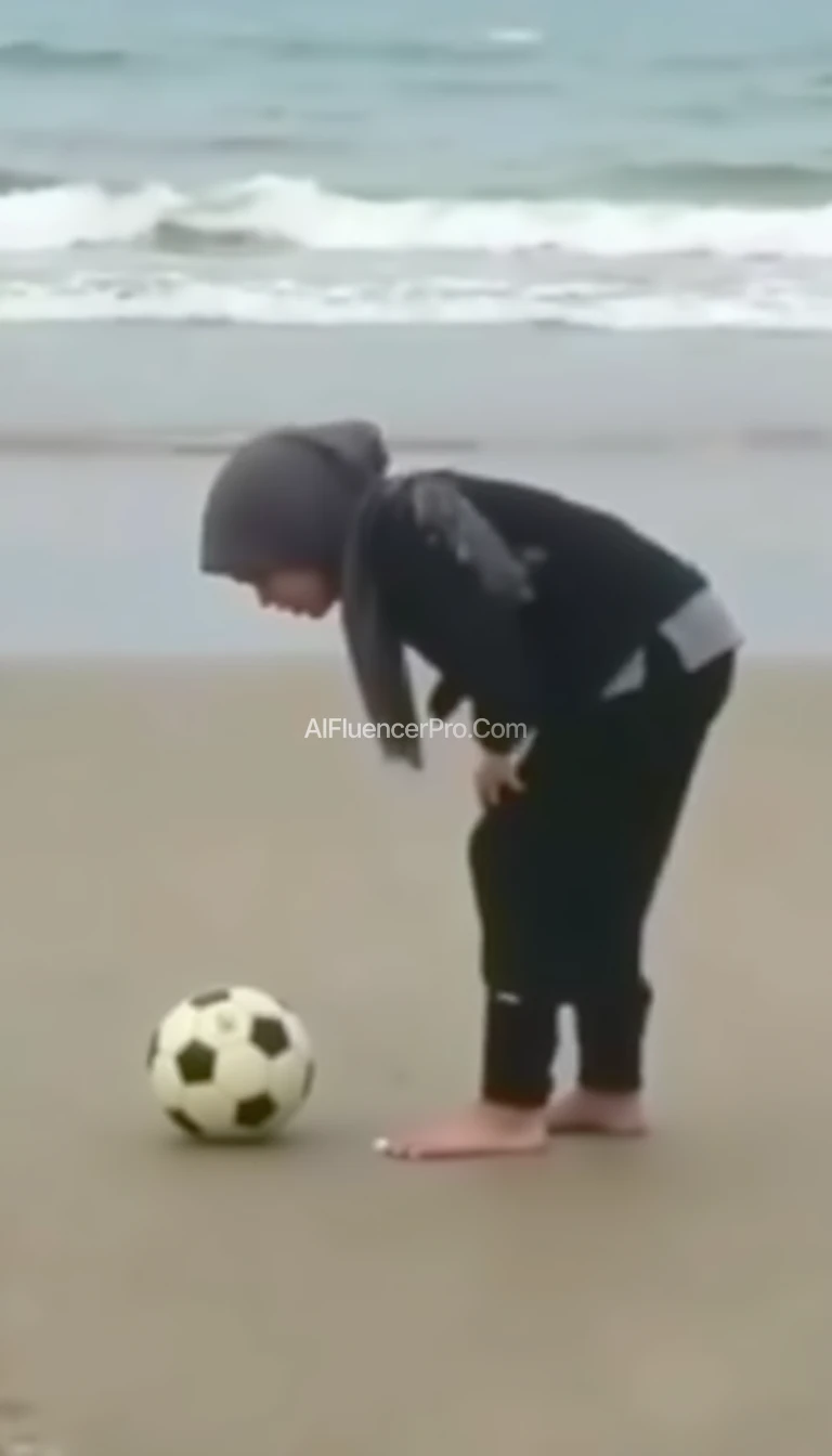 
blurry, low quality, coloured but very grainy cctv footage of a girl wearing a compressed hijab, bending down to pick up a soccer ball backwards facing, the setting is at the beach, it is the afternoon