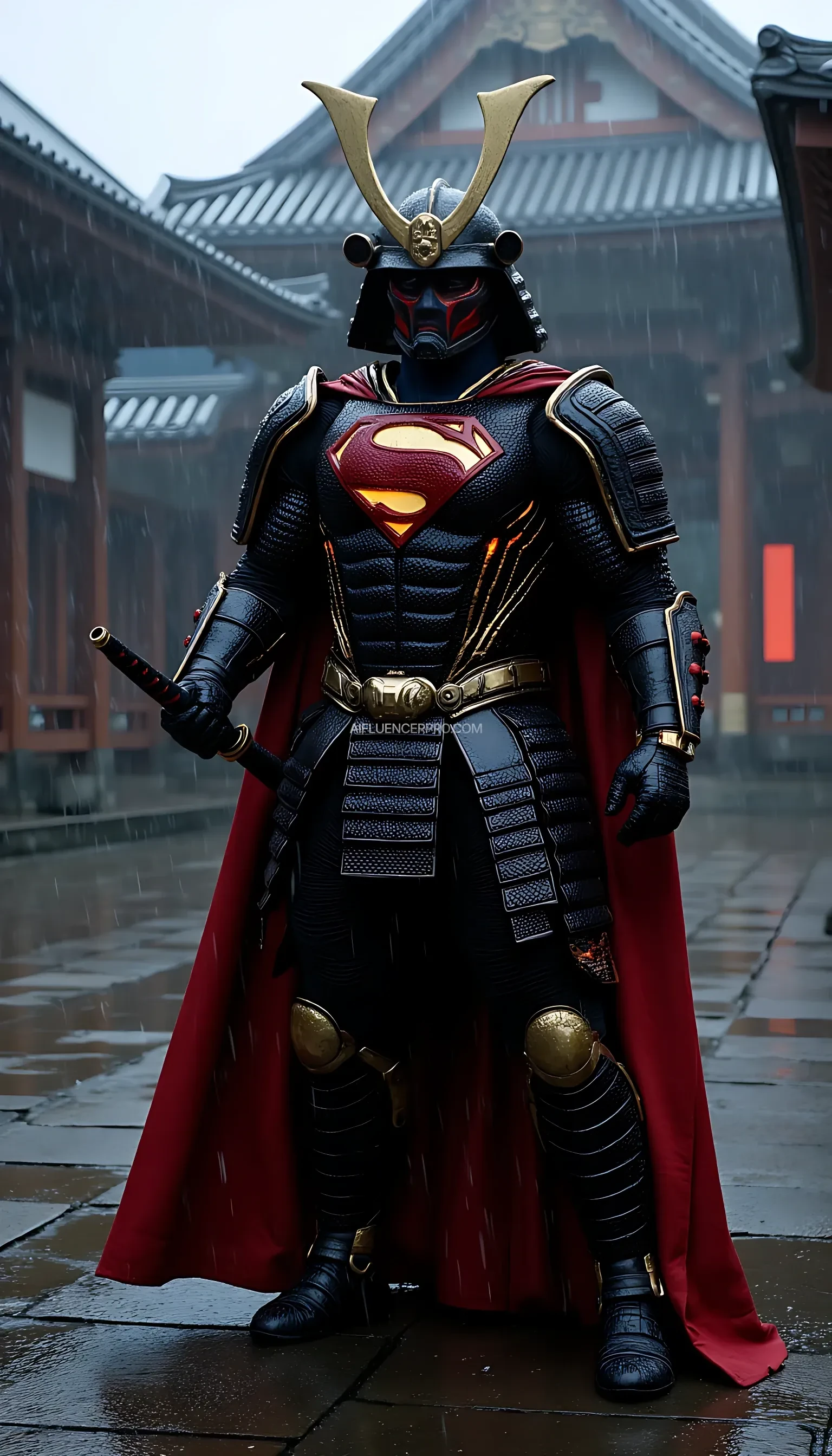 A photorealistic Superman wearing a majestic samurai-inspired suit, combining traditional Japanese armor with futuristic design. The samurai armor features intricate, metallic plating, with glowing accents that emphasize the advanced technology within. The iconic 'S' symbol is subtly integrated into the chest plate, radiating an aura of power. He wears a modernized samurai helmet, its sleek lines dripping with rain as water streams down his armor. Superman grips a katana firmly in one hand, the blade shimmering under the pouring rain, while droplets cascade from its edge. The scene is set in an ancient Japanese temple courtyard during a torrential downpour. Thunder rumbles in the distance, and flashes of lightning briefly illuminate the darkened sky. Puddles form on the stone ground, reflecting the temple's towering silhouette. Superman stands poised, his cape soaked and clinging to his body, as he prepares for an intense battle amidst the dramatic, rain-soaked atmosphere.