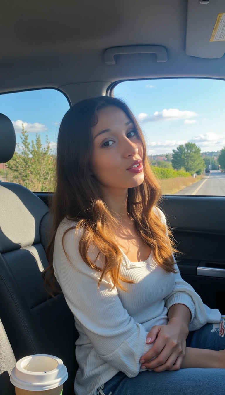 boring low quality snapchat photo circa 2015, A young woman with a warm smile, sitting in the driver's seat of a cozy car. She has soft, wavy brown hair cascading past her shoulders. The sunlight streams through the window, casting a gentle glow on her face. Blowing a kiss. The interior of the car is neat and comfortable, showing one nipple. with a coffee cup in the cup holder and a small plant on the dashboard. The background outside the window shows a scenic road lined with trees and blue skies