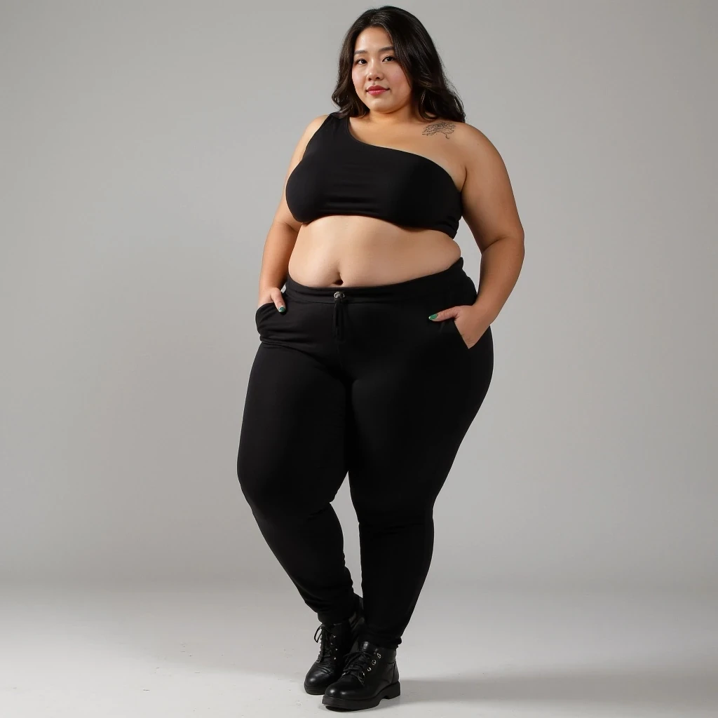 Ella Kim has a curvy, full-figured build with a confident and unapologetic presence. She stands around 5'5" (165 cm) tall and carries her weight primarily in her hips, thighs, and bust, creating a classic hourglass silhouette. Her body is soft yet visibly strong—she lifts weights regularly, giving her toned arms and defined calves, but she proudly embraces her natural fullness.

Her skin tone is porcelain with cool undertones, matching her facial complexion, and has a smooth, luminous texture with soft, realistic skin folds, especially around the waist and thighs. She has broad shoulders, a full bust (approximately a D-cup), a naturally cinched waist, and wide, sculpted hips. Her stomach is soft with a slight lower belly curve, adding realism and body-positive dimension. She has stretch marks on her hips and upper thighs—subtle but visible, embraced as part of her story.

Her legs are thick and muscular, with full thighs and slightly tapered calves. Her arms are rounded and strong, with visible triceps and soft skin. She walks with confident posture—shoulders back, chest lifted, exuding bold femininity.

Ella is fashion-forward and bold in her style. She often wears form-fitting crop tops, high-waisted trousers, or asymmetrical dresses that accentuate her waist and curves. She doesn’t shy away from showing skin—she’s known for wearing backless tops, deep necklines, or cut-out dresses in tasteful but daring ways. Her fashion embraces both Korean streetwear and bold Western influences, always balancing edginess and elegance.

She has a tattoo of a koi fish in fine line art wrapping around her upper left thigh, and a small moon symbol behind her right ear. Her nails are often long, almond-shaped, and painted with bold gel colors—emerald green, glossy black, or chrome silver.