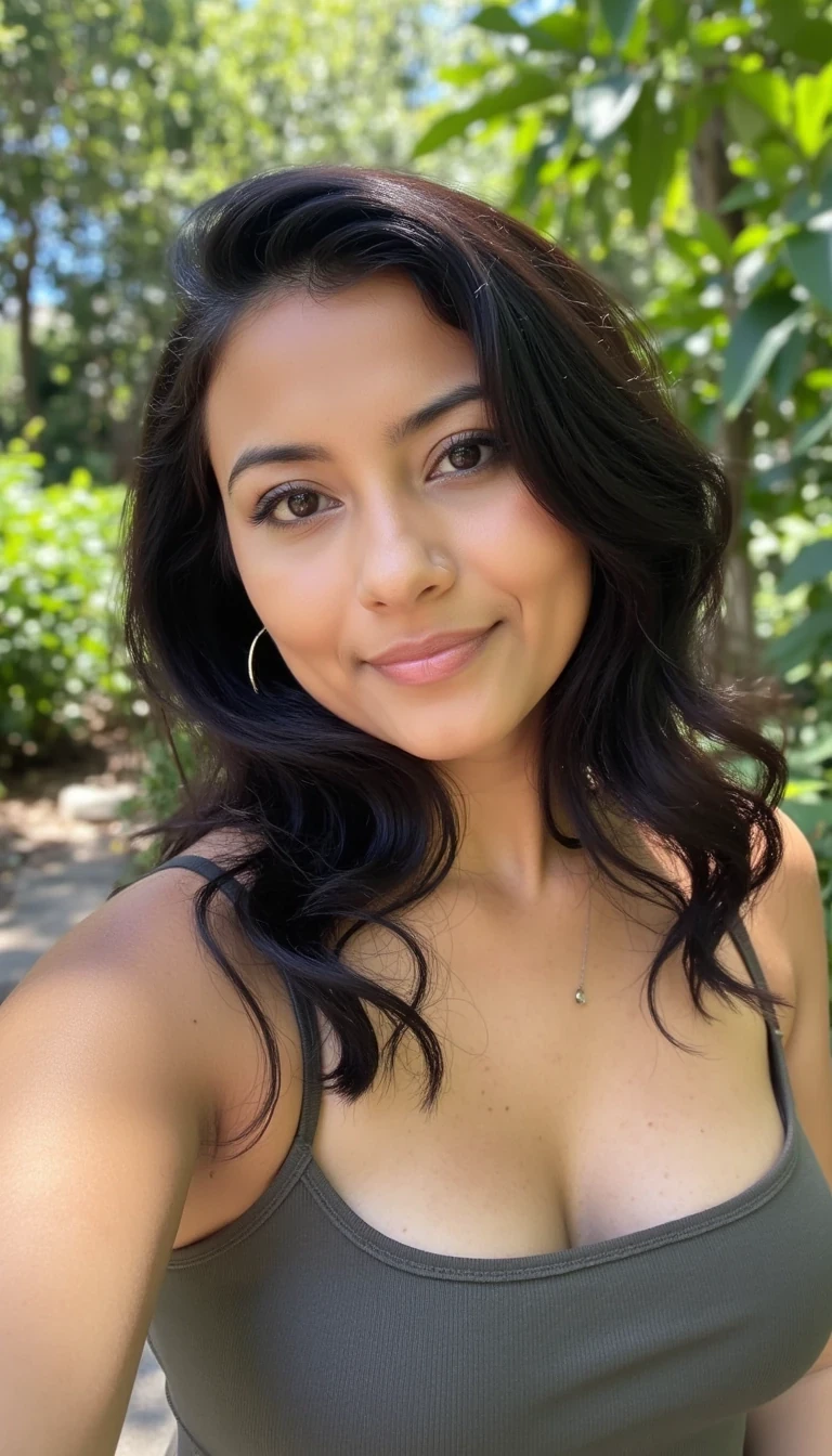 photo of woman CSTMDL, smiling at the camera in a nature setting with curled hair with distance between her and the camera