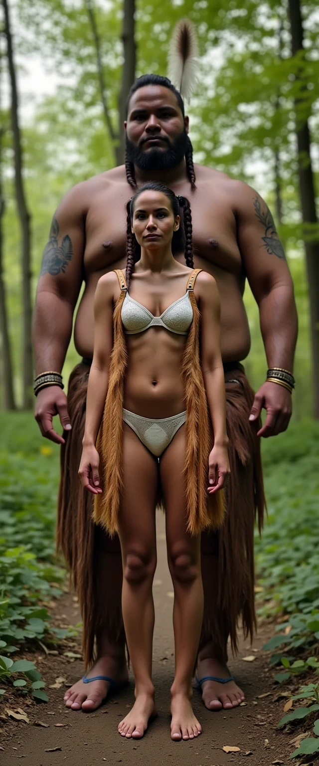 photo of woman CSTMDL, a medium shot photo of, a slim woman, her full body is in the scene, she has a slender petite build with petite small boobs and a flat chest, she has small dark skin nipples with long pointy nipple ducts and small dark skinned areolas, her hair is styled with two long braids she has eagle plumes in her hair, she is not wearing earrings, she is wearing a native American style vest in a golden yellow color over top of her underwear, her vest is open exposing her strapless bra, her bra is a strapless white lace bra, she is wearing white lace panties, she is wearing ankle height smoked hide moccasins, natural lighting, natural light, amateur photography, shot on an iPhone, she is standing with her legs spread wide apart in a densely wooded forest, she is maintaining intense eye contact with the camera, there is a giant native American fat man three times her height standing directly behind her holding onto gripping the woman's waistline, the man is holding her in front of him, the man is a real giant three times the height of an average male, public setting, Hyper realism, ultra-sharp focus, highly detailed, natural lighting, natural light, amateur photography,
