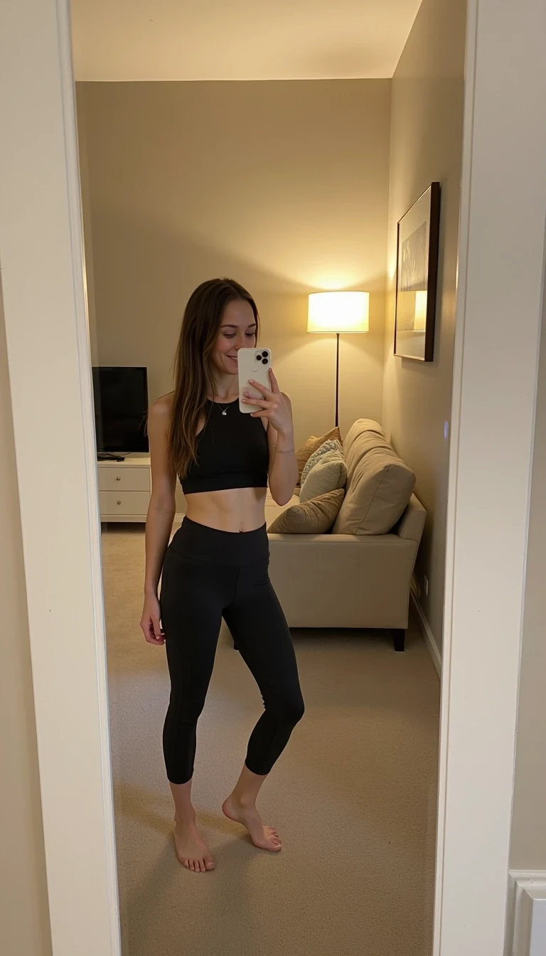 photo of woman CSTMDL, Allisa Lyca standing in her modern bedroom, taking a mirror selfie before going to the gym. She is wearing the outfit from the second picture - sporty top and leggings. The background is the same cozy modern room with beige walls, soft carpet, sofa and a warm lamp in the corner. Natural daylight fills the space through a nearby window, creating soft reflections on her face. She holds a white iPhone 15 in one hand, smiling naturally. The composition is vertical 9:16, realistic, SFW, Instagram Story style, warm natural tones, authentic lifestyle vibe.