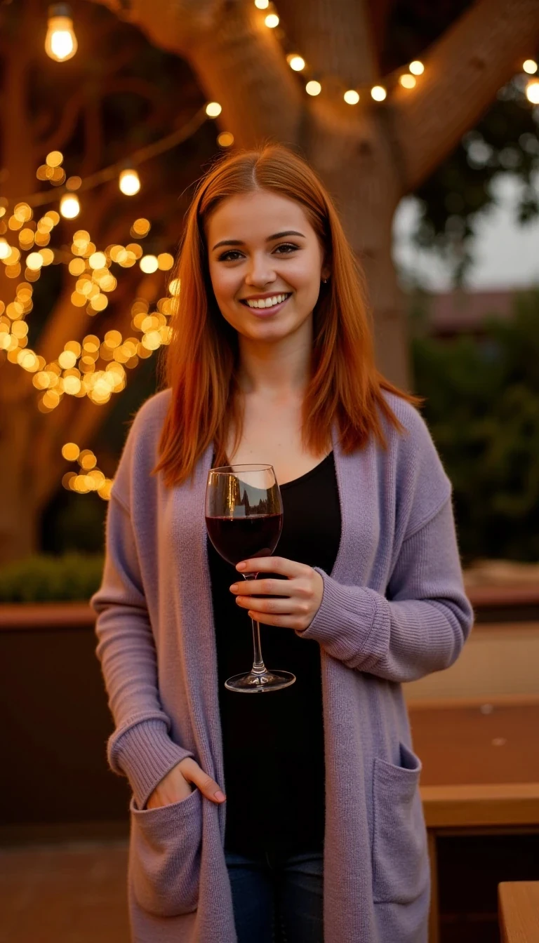 A full body shot photo of a woman standing outdoors at a cozy, warmly lit patio in the evening, with soft, glowing lights wrapped around a tree behind them creating a charming atmosphere. The image is rich in detail, with warm tones and clear textures throughout. The woman has fair skin, a slim build, and long reddish-blonde hair, also worn loose. She is smiling warmly at the camera, holding a glass of red wine in her right hand, and wears a soft-textured lavender cardigan over a black top. The background features a large tree with sparkling string lights wrapped around its trunk and branches, adding a magical touch to the scene. The setting suggests a private outdoor seating area, with elements like terracotta-tiled roofing, greenery, and rattan chairs contributing to a serene, inviting vibe. The overall composition is balanced, with the woman framed against the softly glowing tree, and the lighting enhances the warm, intimate feel of a quiet evening shared among friends. The details are vivid, with textures of clothing, skin, and background elements clearly visible, while the warm lighting creates a relaxed and joyful mood