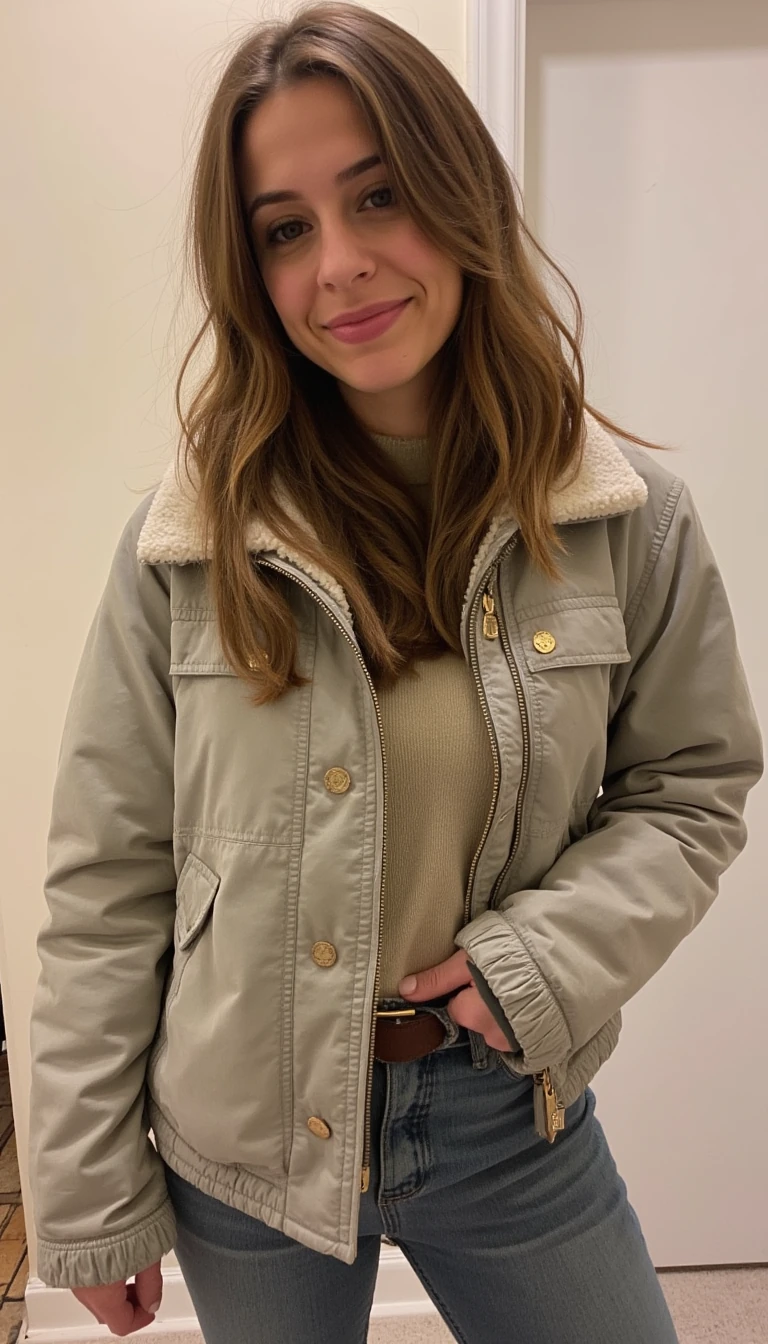 boring low quality snapchat photo circa 2015, cute woman, soft light brown hair, full outfit