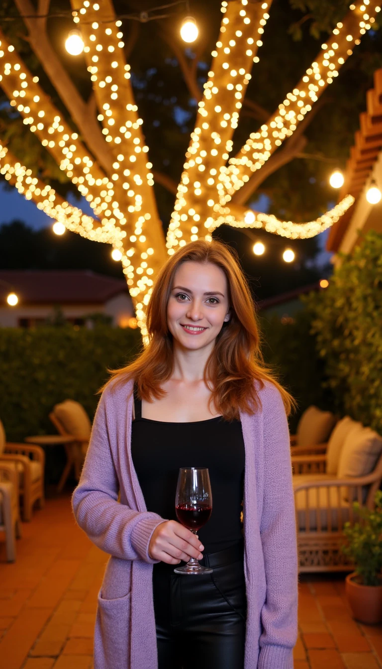 A high-resolution, full-body portrait of a woman standing outdoors on a cozy, warmly lit patio in the evening. She has fair skin, a slim figure, and long reddish-blonde hair worn loose, with soft waves catching the warm light. She smiles warmly at the camera, holding a glass of red wine in her right hand. She wears a soft, textured lavender cardigan layered over a sleek black top that subtly flatters her figure. Behind her, a large tree wrapped in sparkling string lights glows warmly, its golden reflections casting a magical ambiance across the scene. The patio is decorated with rattan chairs, terracotta-tiled roofing, and lush greenery, creating a serene, intimate vibe. The lighting is warm and golden, enhancing the textures of her clothing, skin, and hair while adding depth to the background. The composition is balanced, with the softly glowing tree framing her gracefully, evoking a relaxed yet joyful mood