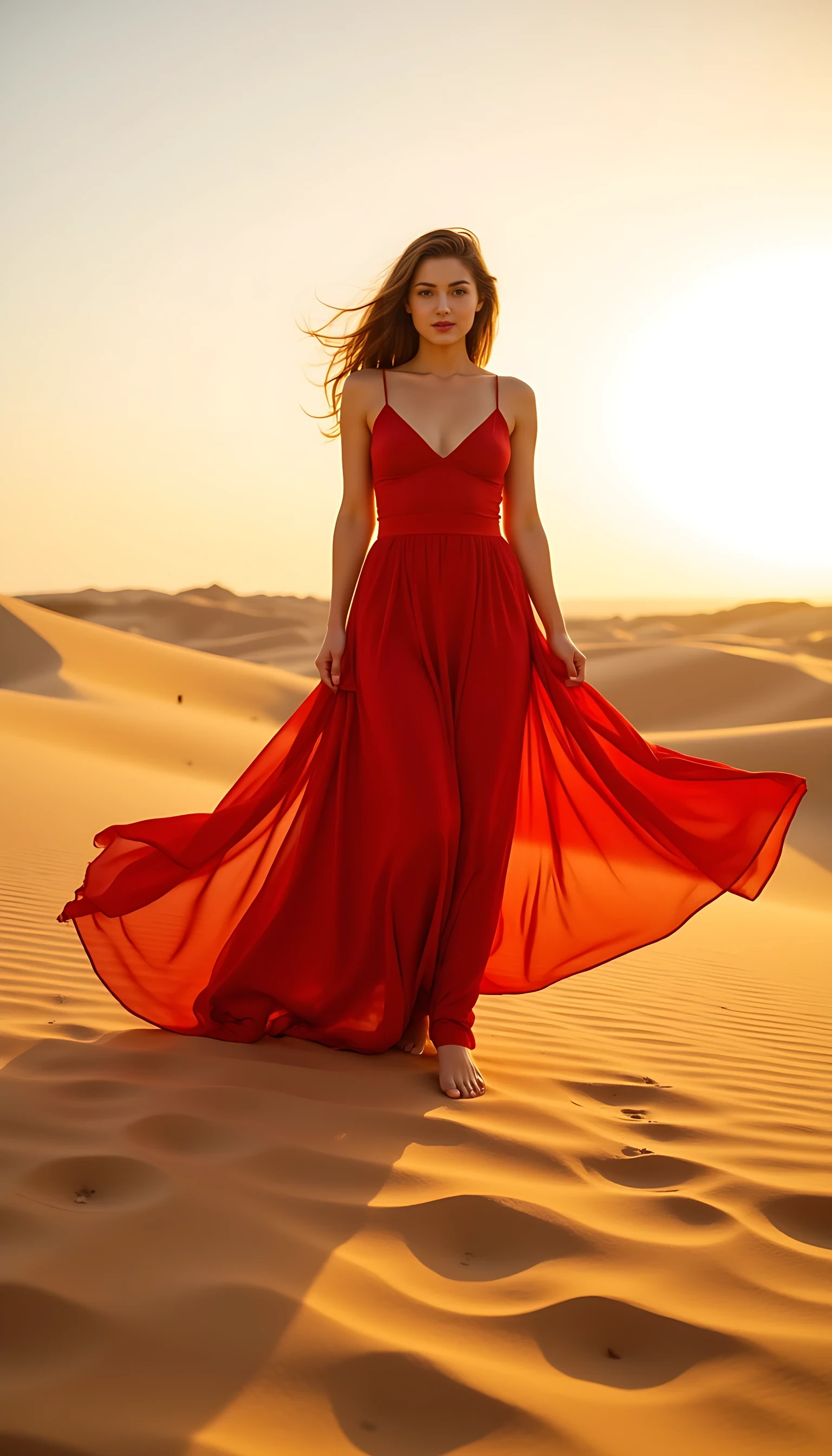 CSTMDL Selena Virella in Dubai desert at sunset, standing barefoot on sand dunes. Flowing red silk dress trails dramatically in the wind. Camera captures her from low angle, creating power and elegance. Cinematic tones with golden dust in the air.