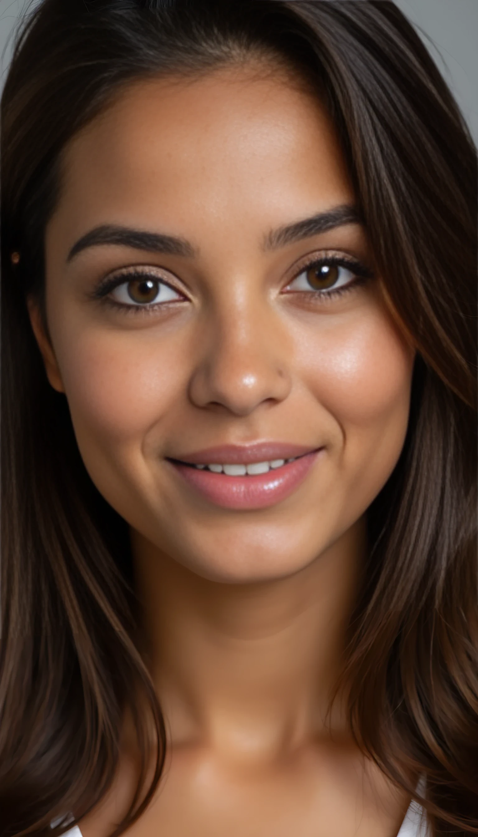 A portrait photo (entire face) of a beautiful 21 years old woman, mixed ethnicity of half white American half Brazilian, with brunette hair, ultra detailed eyes with sharp iris reflections, slight smile, high-quality