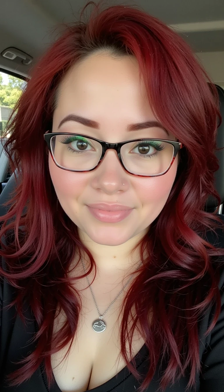 Seductive snapchat photo circa 2015, A young latina woman with a seductive look on her face,smiling glasses red hair low playing her Asus rog strix handheld 



