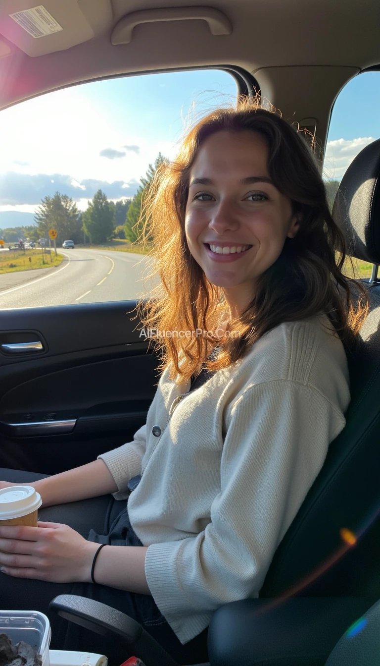 A high quality photo of a a young woman with a warm smile, sitting in the driver's seat of a cozy car. She has soft, wavy brown hair cascading past her shoulders. The sunlight streams through the window, casting a gentle glow on her face. The interior of the car is neat and comfortable, with a coffee cup in the cup holder and a small plant on the dashboard. The background outside the window shows a scenic road lined with trees and blue skies.