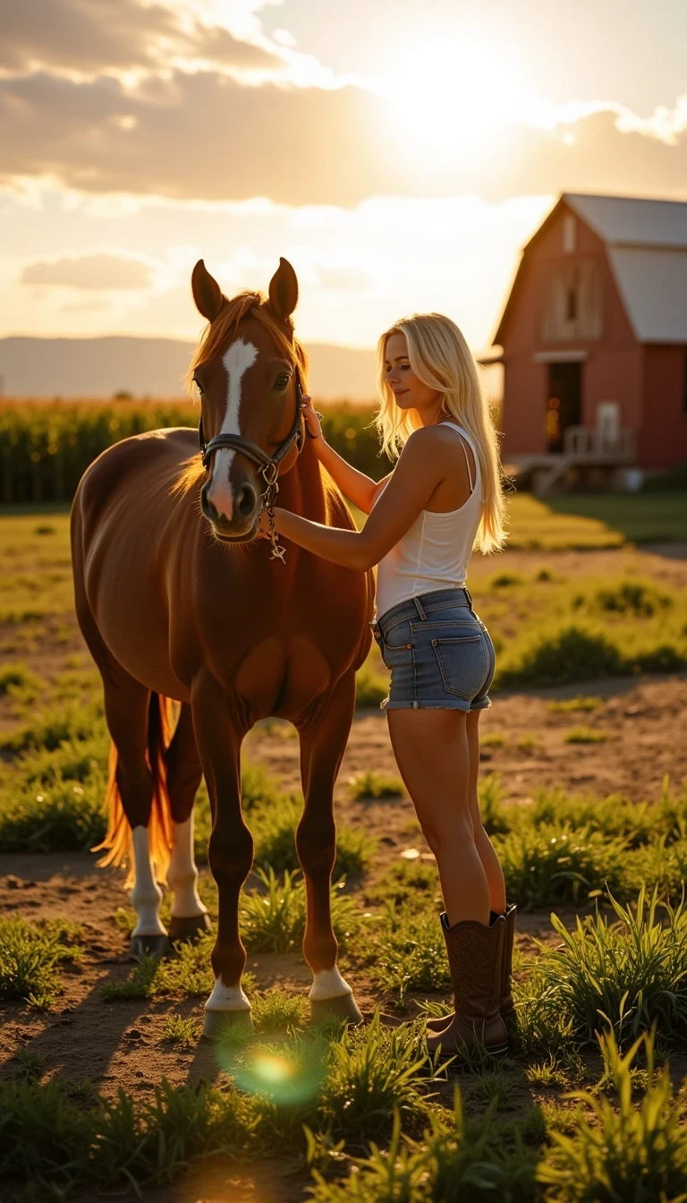 The late afternoon sun hangs low over the Indiana fields, casting a golden haze across the rolling pastures. Crickets sing in the tall grass, and the sweet scent of hay drifts lazily on the breeze.Near the weathered red barn, a blonde girl stands beside her chestnut horse, the two framed by the wide-open country sky. Her cowgirl boots are dusted from the trail, and her short jean shorts and white tank top cling lightly after the ride. A streak of dirt smudges her thigh, and the ends of her hair are tangled from the wind. With slow, practiced strokes, she runs a brush down the horse’s flank, the bristles whispering over the animal’s glossy coat. The horse shifts its weight and exhales softly, leaning into her touch. Beyond them, the cornfields ripple under the fading light, and the whole farm seems wrapped in the quiet satisfaction of a day well spent. ,CSTMDL