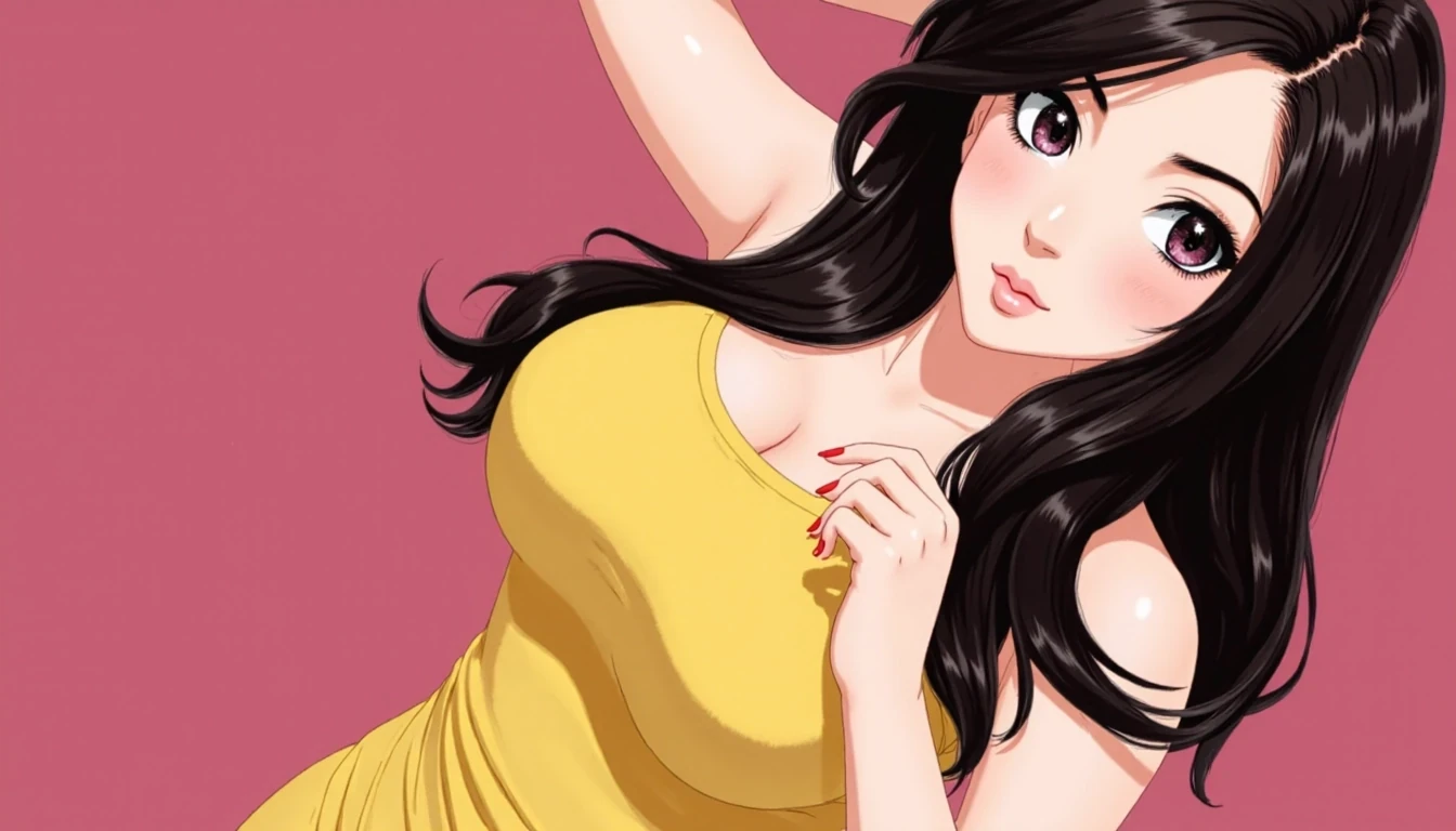 CSTMDL,she should be an anime girl, anime girl,hentai,body like ava addams, big boobs, boobs pushed up, boobs pressed together, yellow sundress