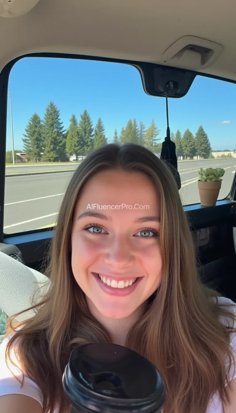 boring low quality snapchat photo circa 2015, A young woman with a warm smile, sitting in the driver's seat of a cozy car. She has soft, wavy brown hair cascading past her shoulders. The sunlight streams through the window, casting a gentle glow on her face. The interior of the car is neat and comfortable, with a coffee cup in the cup holder and a small plant on the dashboard. The background outside the window shows a scenic road lined with trees and blue skies