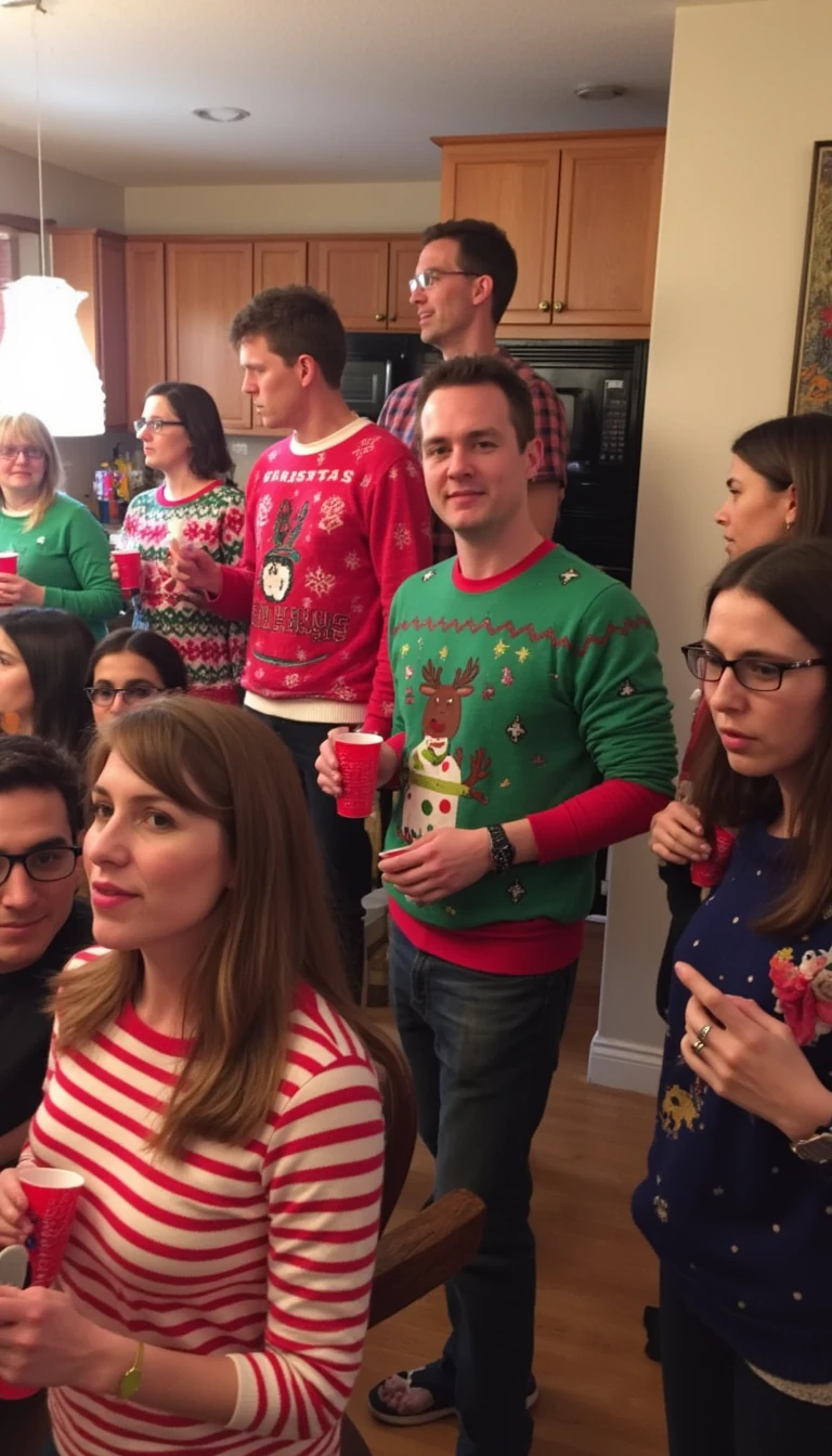 boring low quality snapchat photo circa 2015, this picture is being taken at a family gathering of guests all over a kitchen in Christmas themed sweaters. Many of them are holding red solo cups in their hands.