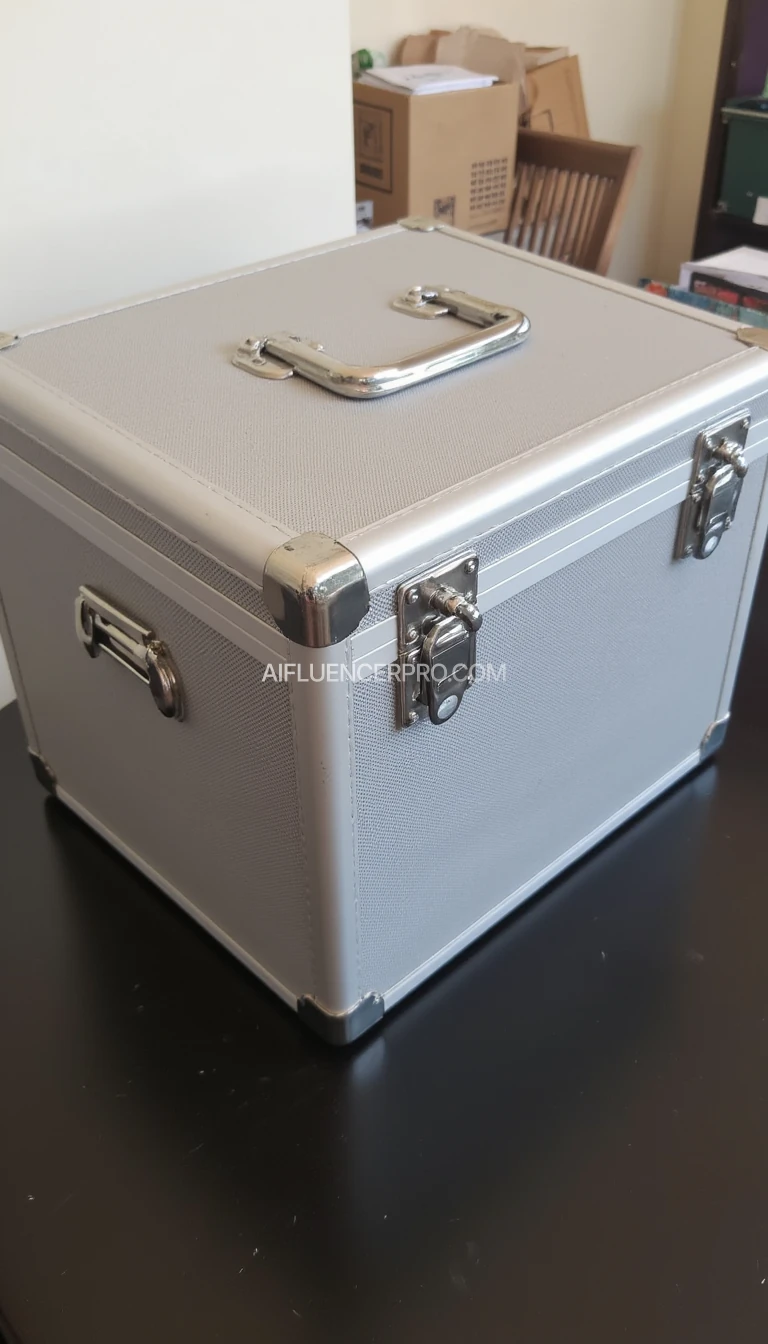 A picture of a rectangular box with a textured, striped pattern. It has two metal latches on the top and a handle on the side. The color appears to be a mix of light and dark shades, possibly gray or silver. The box seems to have a sturdy, possibly metallic construction on top of a table 