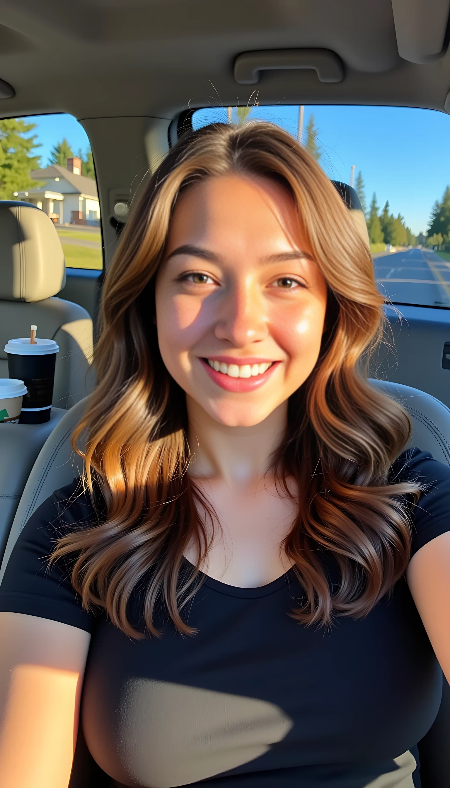boring low quality snapchat photo circa 2015, CSTMDL selena Virella with a warm smile, sitting in the driver's seat of a cozy car. She has soft, wavy brown hair cascading past her shoulders. The sunlight streams through the window, casting a gentle glow on her face. The interior of the car is neat and comfortable, with a coffee cup in the cup holder and a small plant on the dashboard. The background outside the window shows a scenic road lined with trees and blue skies