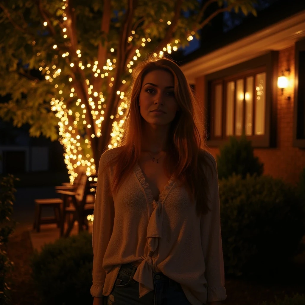 A full body shot photo of a woman standing outside the house cozy, warmly lit patio in the evening, with soft, glowing lights wrapped around a tree behind them creating a charming atmosphere. The image is rich in detail, with warm tones and clear textures throughout. The woman has fair skin, a slim build, and long reddish-blonde hair,