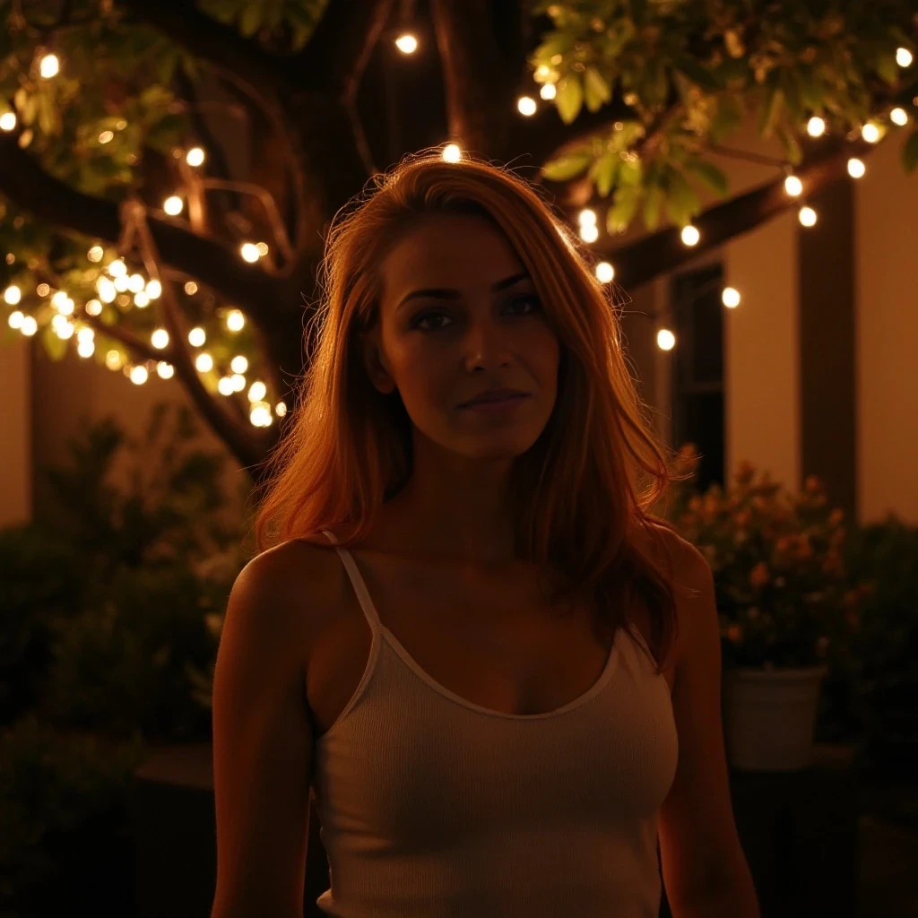 A full body shot photo of a woman standing outside the house cozy, warmly lit patio in the evening, with soft, glowing lights wrapped around a tree behind them creating a charming atmosphere. The image is rich in detail, with warm tones and clear textures throughout. The woman has fair skin, a slim build, and long reddish-blonde hair,