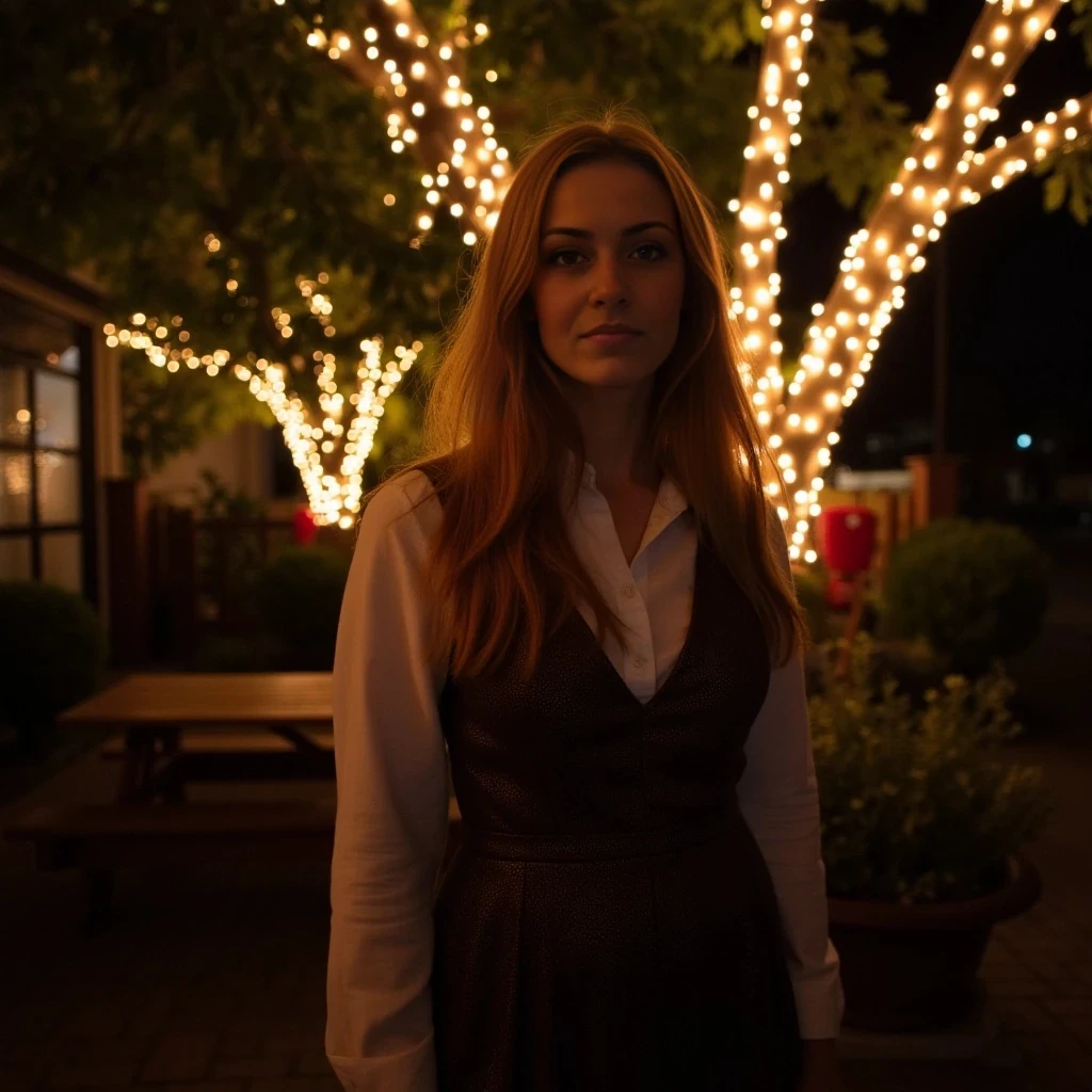 A full body shot photo of a woman standing outside the house cozy, warmly lit patio in the evening, with soft, glowing lights wrapped around a tree behind them creating a charming atmosphere. The image is rich in detail, with warm tones and clear textures throughout. The woman has fair skin, a slim build, and long reddish-blonde hair,
