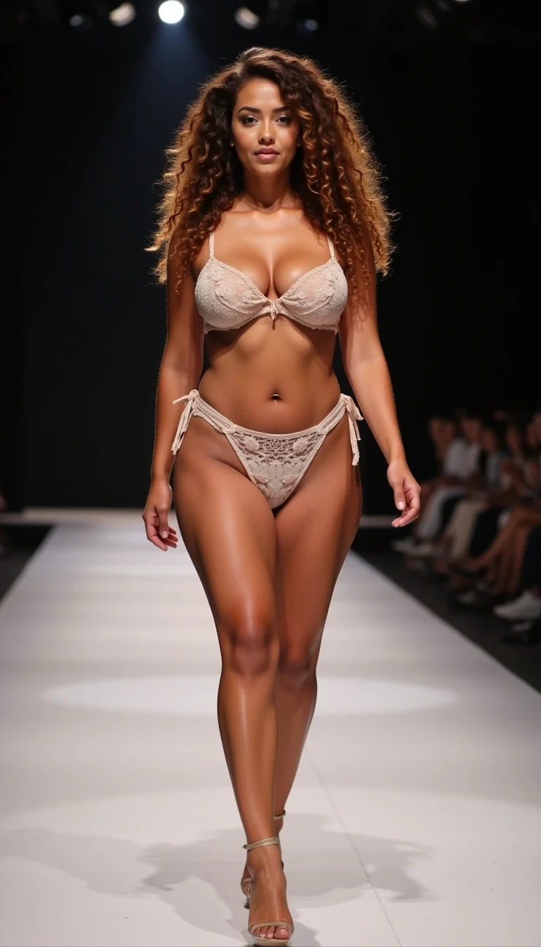 CSTMDL long curly light brown hair on ,skinny, curvy , big breast,big butt walking the runway