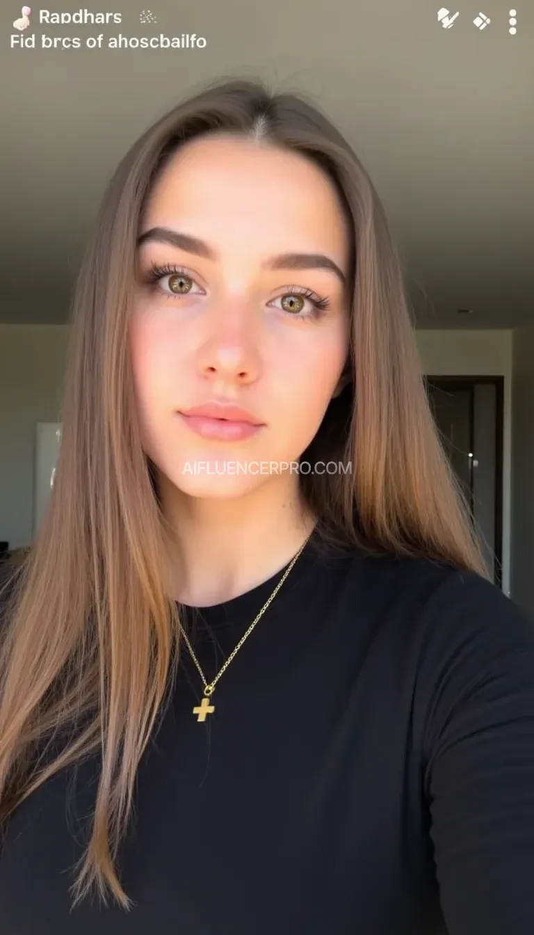A young woman with long, straight brown hair is wearing a black top, standing indoors. She has natural makeup, emphasizing her eyes, and is wearing a gold cross necklace. The background features a simple, modern interior with neutral colors. The image has a timestamp in the top left corner and mobile interface icons in the top right.