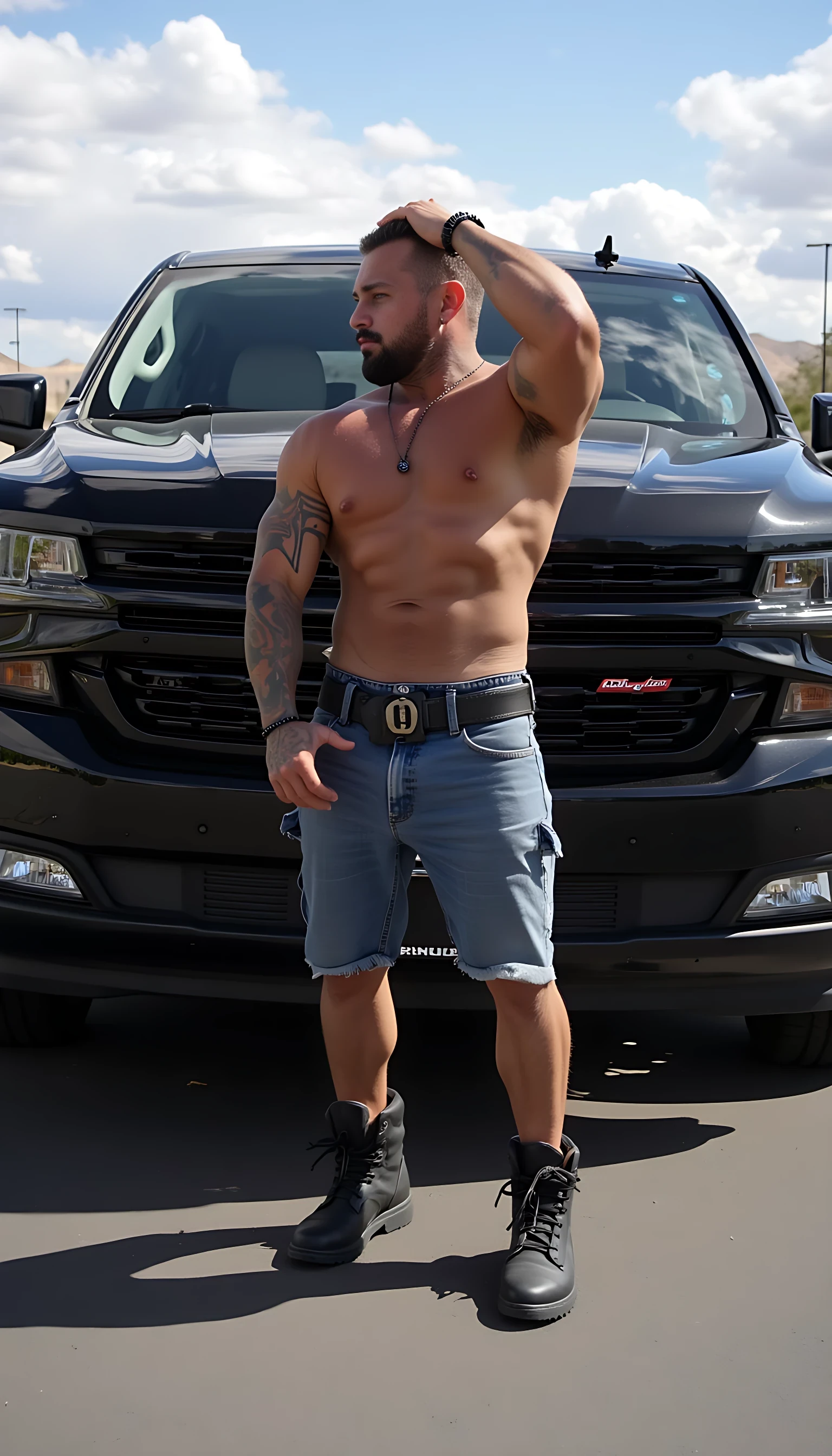  CSTMDL MAGIC M, standing next to brand new black escalade, no shirt, gleaming sweat, muscular build, cut off jeans shorts and work boots, stretching back running hand through hair, full body