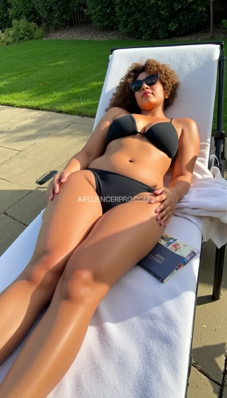 A sexy young woman 25 years old. 
Her appearance is European.
She is lying on a sun lounger. 
She is wearing a small black bikini.
Her tanned body shines in the sun. She has brown curly hair. The sun is shining. She is lying in the garden and you can see a pool. A book lies next to her on the lounger and a long drink is on the ground.