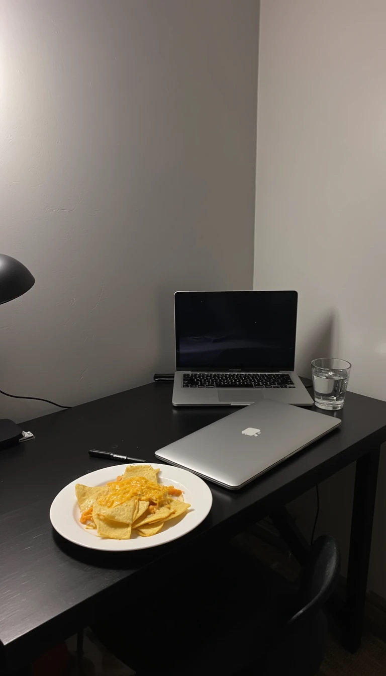 boring low quality snapchat photo circa 2015, this picture is being taken of a black desk in the corner of a room touching the grey walls to the right of the desk and behind the desk. The desk has an all black pen, a macbook air, nachos with cheese on a white plate and a glass of water on it. 