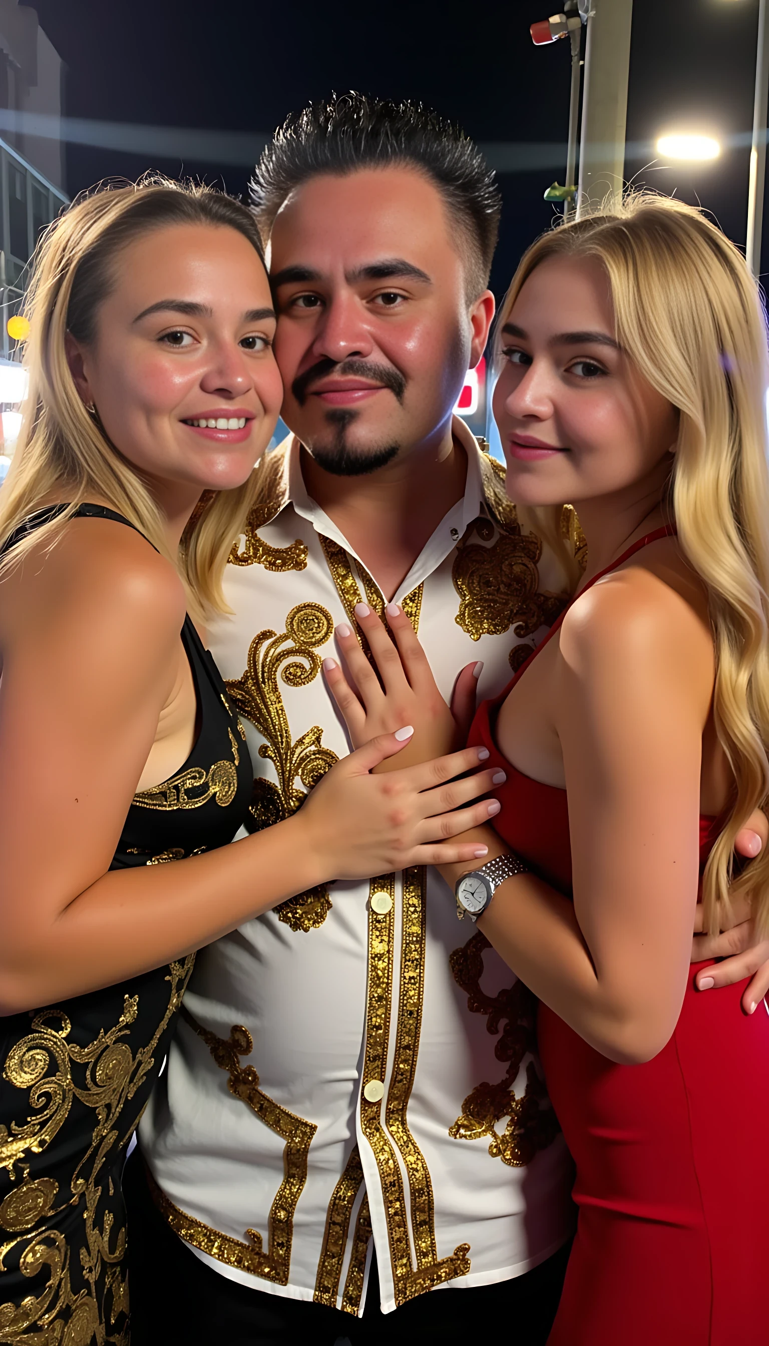 full man body wearing a  white and gold and red  Versace shirt  and a Rolex watch hugging 2 beautiful  blonde woman with blue eyes and curvy body in sexy dresses  city lights background 
