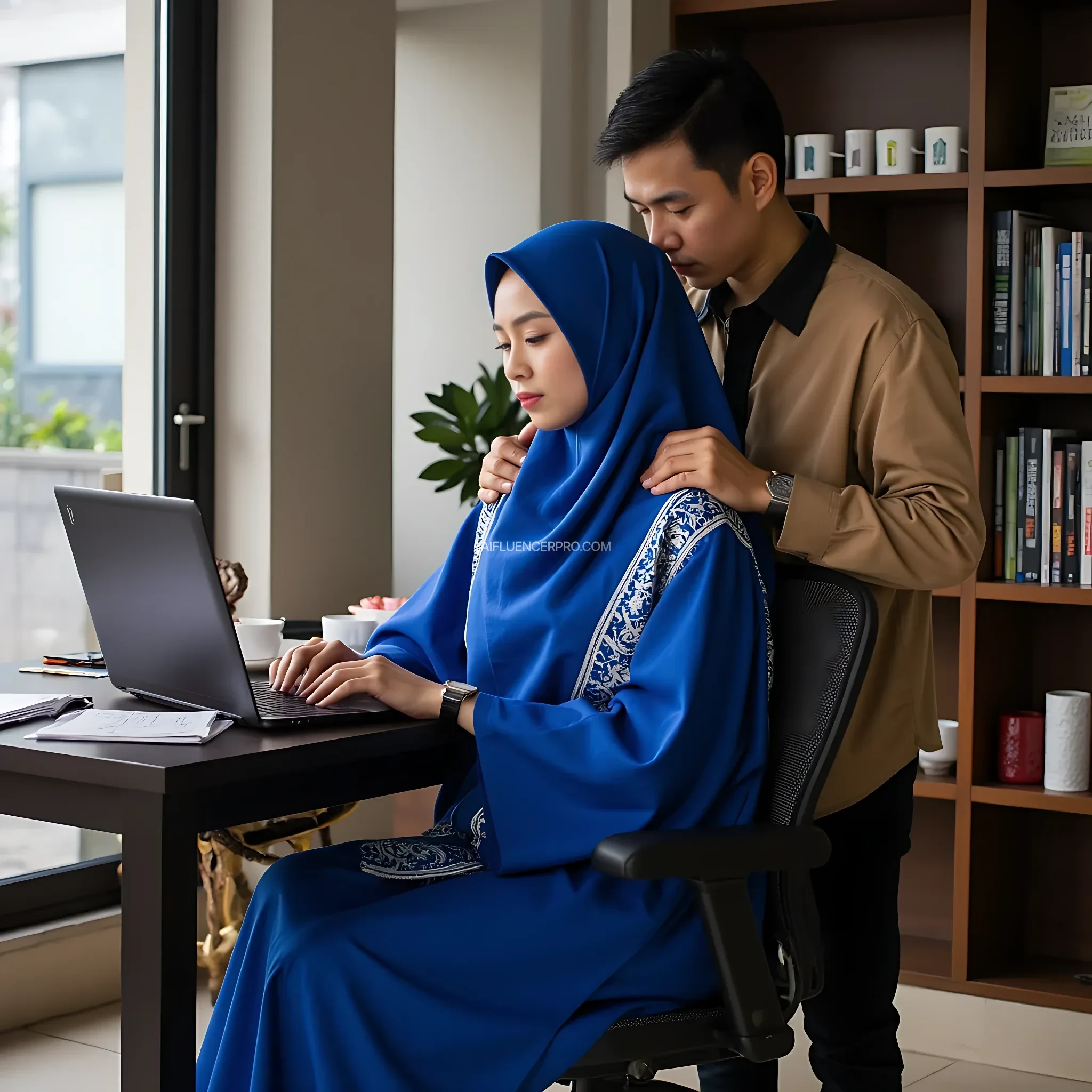 A 4K digital ficture in (best quality a hyper-realistic) style depicting a young couple in a modern workspace. (The woman. Wonder woman), wearing an elegant (bright blue batik robe, "Sogan Batik") sits in an ergonomic chair while focusing on her laptop. (Her long blue hijab was neatly tucked back) , with the light from the laptop screen softly illuminating her face. (The man, "wearing a light brown batik shirt "Sogan Batik" with black), stood behind her while gently holding the collar of her robe, his expression calm but protective. The room has an elegant minimalist design, with large windows that let in natural light, a bookshelf full of books, and a work desk filled with papers and cups of coffee. The atmosphere is warm, professional and intimate, with attention to detail in texture and lighting. Sharp focus. HD. 8K. 32K