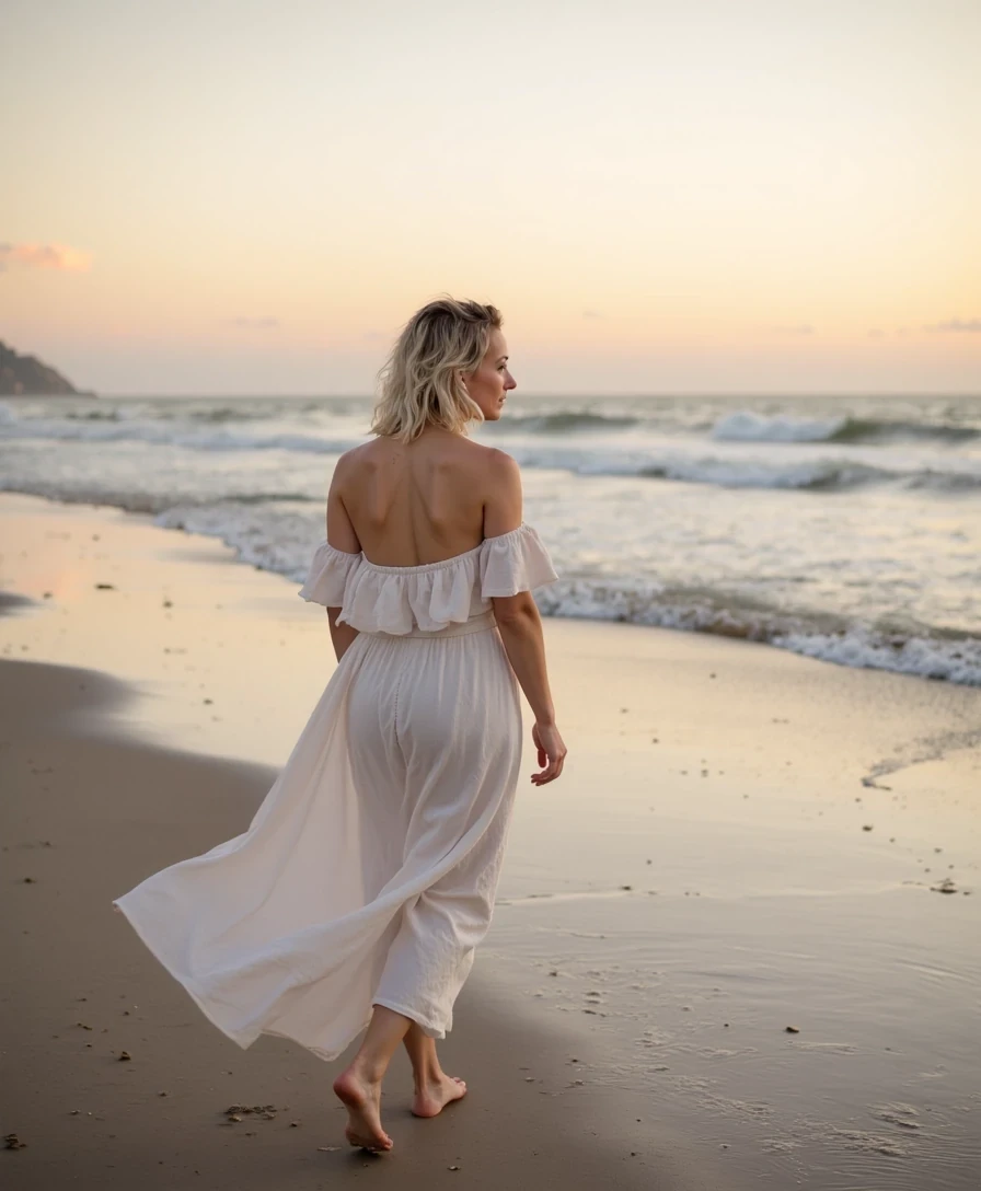 Elegant shot of a woman walking barefoot on a quiet coastline during golden hour, soft wind catching flowy linen dress, distant waves and pastel sunset sky, cinematic lifestyle photography