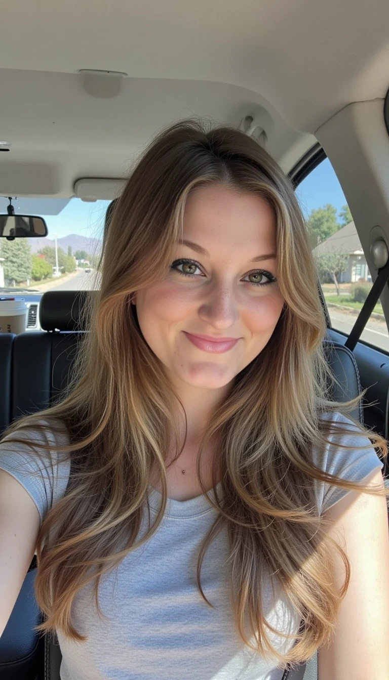 CSTMDL,  boring low quality snapchat photo circa 2015, A young woman with a warm smile, sitting in the driver's seat of a cozy car. She has soft, wavy brown hair cascading past her shoulders. The sunlight streams through the window, casting a gentle glow on her face. The interior of the car is neat and comfortable, with a coffee cup in the cup holder and a small plant on the dashboard. The background outside the window shows a scenic road lined with trees and blue skies