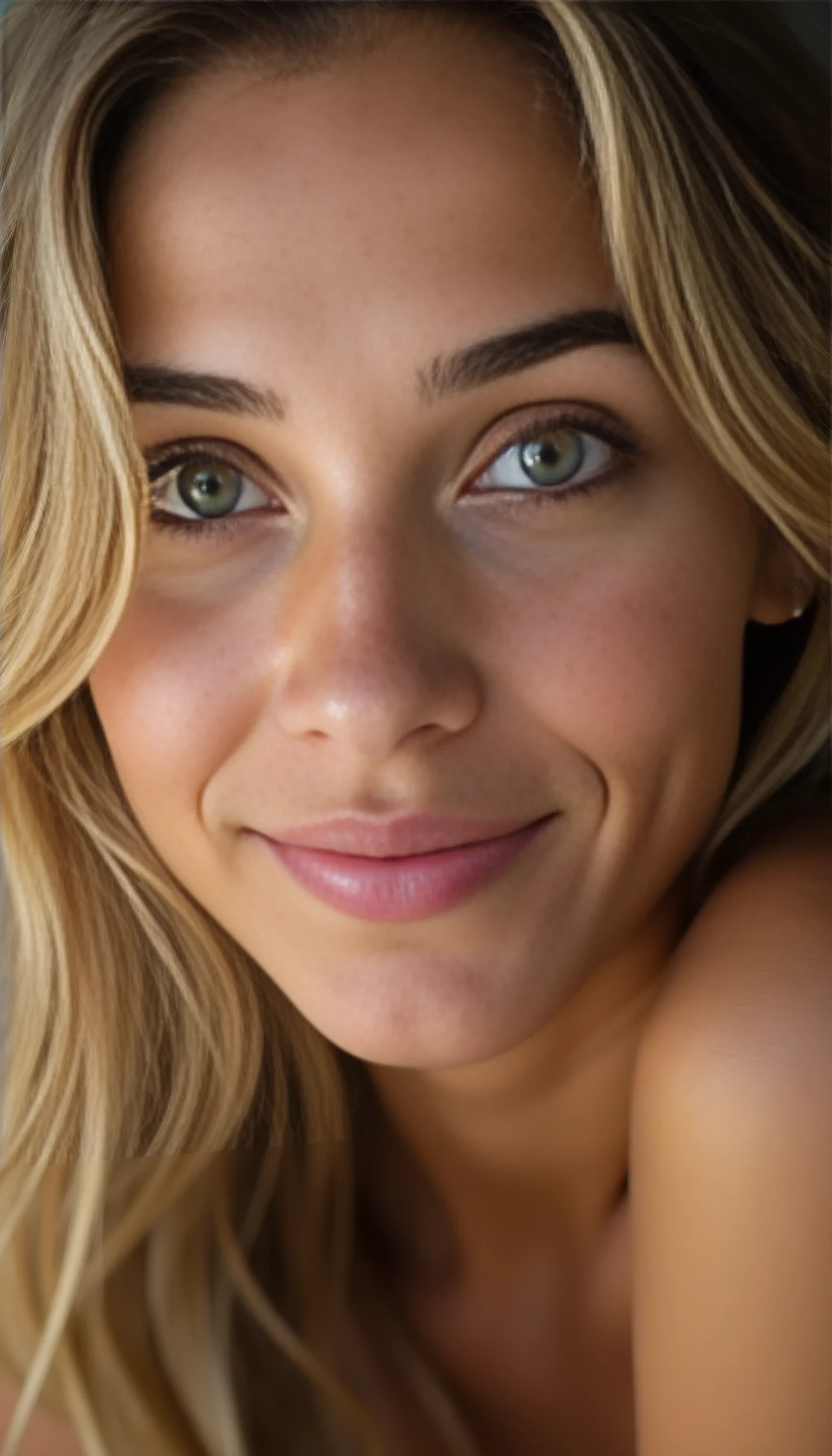 A portrait photo of a beautiful 21 years old model, mixed ethnicity of half white American half Brazilian, with golden blonde hair, hazel green eyes, ultra detailed eyes with sharp iris reflections, slight smile, studio-quality, extremely realistic HD