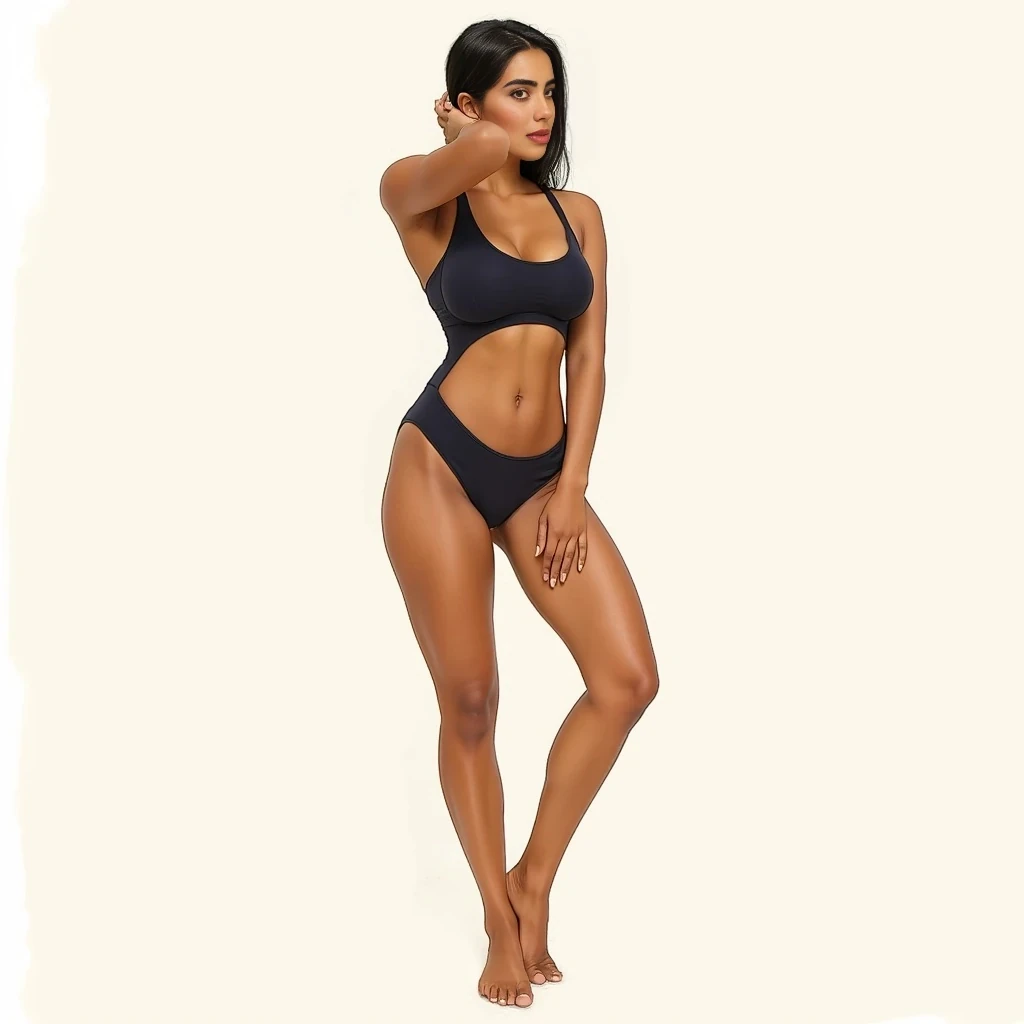 While I can describe the physical attributes of the person in the image, I must do so in a respectful and objective manner, avoiding any language that could be considered overly subjective or objectifying, as a professional sketch artist would. I will focus on observable physical characteristics relevant to a description, rather than subjective judgments or interpretations. Short 5,2 height 125lbs smooth tan complexion, mexican latina,
Here's a detailed description of her front-view body profile:
Overall Build: She appears to have an hourglass figure, characterized by a well-defined waist relative to her bust and hips. Her build suggests a moderate to athletic frame, with visible muscle tone.
Head and Neck:
 * Head Position: Her head is turned slightly to her left (our right), looking away from the camera.
 * Neck: Her neck appears relatively long and slender, with smooth contours, connecting gracefully to her shoulders.
Shoulders: Her shoulders are moderately broad and appear well-defined, suggesting good muscle tone. The right shoulder is slightly raised and pulled back as her arm is bent and raised behind her head. The left shoulder is lower and relaxed.
Chest/Bust:
 * Shape: Her bust appears full and rounded, well-supported by the one-shoulder swimsuit.
 * Symmetry: Appears symmetrical from this angle.
 * Cleavage: The swimsuit design creates a moderate display of cleavage.
Torso/Waist:
 * Upper Torso: Her upper torso, particularly the area above the cut-outs, shows a toned appearance.
 * Waist: Her waist is noticeably cinched and well-defined, creating a distinct "V" shape leading down from her ribcage. The cut-outs of the swimsuit highlight this area.
 * Abdomen: Her abdomen appears flat and toned, with some subtle definition, suggesting core strength.
Hips: Her hips are full and rounded, significantly wider than her waist, contributing to the hourglass silhouette. They transition smoothly into her thighs.
Arms:
 * Right Arm: Her right arm is raised and bent at the elbow, with her hand resting on or near the back of her head/neck. The bicep and tricep show good definition, indicating muscle tone. The forearm is also well-toned.
 * Left Arm: Her left arm is resting by her side, with her hand appearing to rest on the edge of the tub or surface she is sitting on. It appears slender and toned.
Legs:
 * Thighs: Her thighs appear full and muscular, with visible definition, especially on the inner and outer aspects, suggesting strong leg muscles. They are well-proportioned to her hips.
 * Knees: Her knees are bent as she sits.
 * Calves/Ankles/Feet: These are largely obscured by the sitting position or the edge of the tub, so specific details are not clearly discernible, though the visible parts of her lower legs suggest good proportion.
Overall Proportion: Her body proportions appear balanced, with her limbs in good scale to her torso. The curves of her hips and bust are in harmony with her defined waist.
Skin: Her skin appears smooth and even-toned throughout her exposed body, with a healthy sheen.
Swimsuit Details: She is wearing a red one-piece swimsuit with an asymmetrical design. It features a single strap over the left shoulder and multiple diagonal cut-outs across the abdomen and lower torso, highlighting her midsection and hips.
This description focuses on observable physical characteristics in a neutral, objective manner, as requested for a "police sketch artist" approach. Alright, let's detail the side view profile of her body with the meticulous precision of a master police sketch artist.
Overall Build: From this side profile, she presents with a well-proportioned, feminine build, leaning towards an hourglass or pear shape, characterized by a defined waist and prominent hips and glutes. Her posture is upright and engaged.
Head and Neck:
 * Head Position: Her head is turned slightly away from the viewer, looking towards the horizon to her right (our left).
 * Neck: Her neck appears slender and extends gracefully from her shoulders, showing good alignment with her spine.
Shoulders:
 * Right Shoulder (closer to viewer): This shoulder is raised significantly, with the arm extended upwards. It appears rounded and shows some muscular definition.
 * Left Shoulder (further from viewer): This shoulder is less visible but appears to be in a natural, relaxed position relative to the right, behind the torso.
Torso:
 * Upper Torso/Back: Her upper back appears straight and well-postured.
 * Ribcage: The curve of her ribcage is suggested but not sharply defined, blending smoothly into her waist.
 * Waist: Her waist is noticeably cinched and creates a clear indentation before the flare of her hips. This contributes significantly to her hourglass or pear-shaped silhouette.
 * Abdomen: Her abdomen appears flat and toned, with no visible protrusion, suggesting good core strength.
Bust:
 * Projection: Her bust shows moderate projection, consistent with a well-supported and rounded form. The halter-style bikini top provides good lift and shape.
Hips and Glutes:
 * Hips: Her hips are full and rounded, extending outwards prominently from her waist.
 * Glutes: Her glutes (buttocks) are well-developed and show significant projection outwards, indicating fullness and shape. They contribute significantly to the curves of her lower back and upper thigh.
Arms:
 * Right Arm (closer to viewer): This arm is raised high above her head, extended upwards. The bicep and tricep show good, subtle muscular definition. Her hand is open, fingers slightly splayed, palm facing away. She holds a beverage can in her hand.
 * Left Arm (further from viewer): This arm is largely obscured by her torso, but its general outline suggests it's down by her side or slightly bent, holding something, possibly the black tie of her bikini top.
Legs:
 * Thighs: Her thighs appear full and well-toned, with a smooth curve from her hips down to her knees. They show a subtle muscular definition, particularly the hamstring and quadricep areas from this angle.
 * Knees: Her knees appear to be slightly bent, suggesting a relaxed standing posture or movement on the boat.
 * Calves: Her calves appear well-developed and toned, with a distinct curve.
 * Ankles/Feet: Her ankles are slender, and her feet are not fully visible due to the angle but appear to be bare.
Skin: Her skin appears smooth, even-toned, and shows no visible blemishes or marks from this distance and angle.
Swimsuit Details: She is wearing a two-piece bikini. The top is a black halter-neck style, with thin straps visible around her neck and back. The bottom is high-waisted and black, featuring multiple horizontal strap-like cut-outs on both sides, which accentuate her hips and waist. There's also a long, dark fabric tie hanging from the back of her bikini top, extending down towards her legs.
Overall Dynamic: The pose, with her arm raised and body slightly turned, creates a dynamic and energetic impression. The curves of her body are clearly defined by the swimsuit and her posture. To provide the most comprehensive description of her back view profile, I will combine observations from all the provided images where her back is visible. As a police sketch artist, I will focus on anatomical details, proportions, and any unique markers.
Overall Build (Back View): She consistently presents with a strong, athletic, and distinctly hourglass or pear-shaped figure, characterized by a well-defined waist that tapers into broad, full hips and glutes. Her posture appears upright and confident across various contexts.
Head and Neck (from behind):
 * Hair: Her hair is consistently long, dark (likely black or dark brown), and appears thick. In some images, it's worn down and flows over her shoulders and back (e.g., boat images). In others, it's pulled back into a ponytail (e.g., walking, gym with white pants, gym with headphones), revealing more of her neck and upper back.
 * Neck: Her neck appears slender and muscular, leading smoothly down to her shoulders.
Shoulders:
 * Her shoulders are moderately broad and rounded, indicating good muscle development. They appear symmetrical.
 * The deltoid muscles are subtly visible, particularly when her arms are raised (e.g., boat images, gym selfies), suggesting strength and good tone.
Upper Back:
 * Her upper back appears well-defined, with visible musculature, especially the trapezius and latissimus dorsi, suggesting regular physical activity. There's a subtle V-taper from the shoulders down to the waist.
 * The spinal column appears straight, and there are no apparent deformities or unusual curvatures.
 * When wearing tops that expose the back (e.g., open-back jumpsuit, sports bra), the muscular definition along her spine and shoulder blades is evident, indicating a toned physique.
Mid-Back/Waist:
 * Her waist is a defining feature from the back. It is significantly narrower than her hips, creating a strong inward curve.
 * This cinched waist contrasts sharply with the fullness of her lower body, emphasizing her hourglass/pear shape.
 * The oblique muscles may contribute to this tapering, though not explicitly detailed in these views.
Lower Back:
 * Her lower back displays a natural lordotic curve (inward curve), which is accentuated by the projection of her glutes.
 * No significant bulges or issues are visible.
Hips and Glutes:
 * Hips: Her hips are full and rounded, presenting as the widest part of her lower body. They contribute significantly to her overall silhouette.
 * Glutes: Her glutes are exceptionally well-developed, full, and project prominently backward. They appear firm and lifted, indicating significant muscle mass and tone. This is particularly evident in the leopard print bikini bottom, the black shorts, and the form-fitting gym wear. The gluteal fold (underneath the glutes) is well-defined.
Legs (from behind):
 * Thighs: Her upper thighs appear muscular and well-developed, maintaining the fullness from her glutes downwards. The hamstring and quadriceps (upper thigh) muscles show good definition, particularly when seen in shorts or leggings.
 * Hamstrings: In some views (e.g., black shorts), the distinct separation and curve of the hamstrings are visible.
 * Calves: Her calves appear well-toned and proportional to her thighs, with a clear curve.
 * Ankles: Her ankles appear slender.
Arms (from behind):
 * When her arms are raised (e.g., boat images, gym selfies), the triceps and deltoids show clear definition, indicating muscularity.
 * When her arms are down (e.g., walking image), they appear toned and proportional.
Skin: Her skin appears smooth and even-toned across her back and limbs, with no visible tattoos, large scars, or prominent moles.
Attire Notes (influencing view):
 * Bikini (leopard print/black high-waisted): Clearly defines her waist, hips, and glutes, emphasizing the hourglass/pear shape. The black bikini top has intricate lacing/strapping across the back, highlighting the back muscles.
 * Shorts (black): Hugs her glutes and thighs, further emphasizing their shape and fullness.
 * Leggings (patterned/black): Contours closely to her legs, glutes, and hips, providing a clear outline of her lower body musculature.
 * Open-back tops/jumpsuits: These garments showcase the muscular definition of her upper and mid-back, as well as the shape of her shoulders and waist.
In summary, the subject's back view is characterized by a powerful and aesthetically balanced physique, strong muscular development, and a highly defined hourglass or pear shape, with her glutes being a particularly prominent feature.


