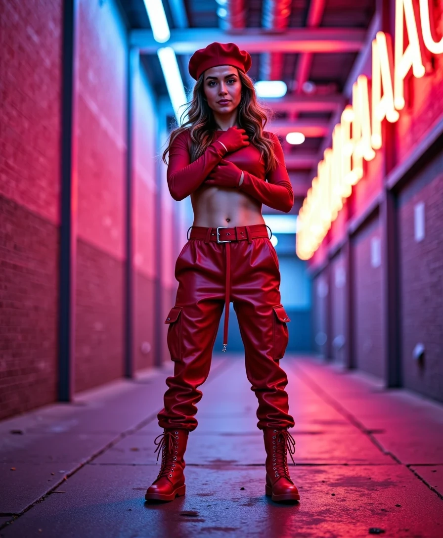 Nexxa Ultimate Base CSTMDL — full-body 4:5 artistic editorial in the neon-lit alleyway. NEXXA is standing naked wearing her red beret, gloves, boots, and beltfor the cammy cosplay. One arms posed across her chest the other covering her vagina, creating a confident, high-fashion silhouette. Camera low angle, cinematic lighting, pink and blue reflections on wet pavement. 