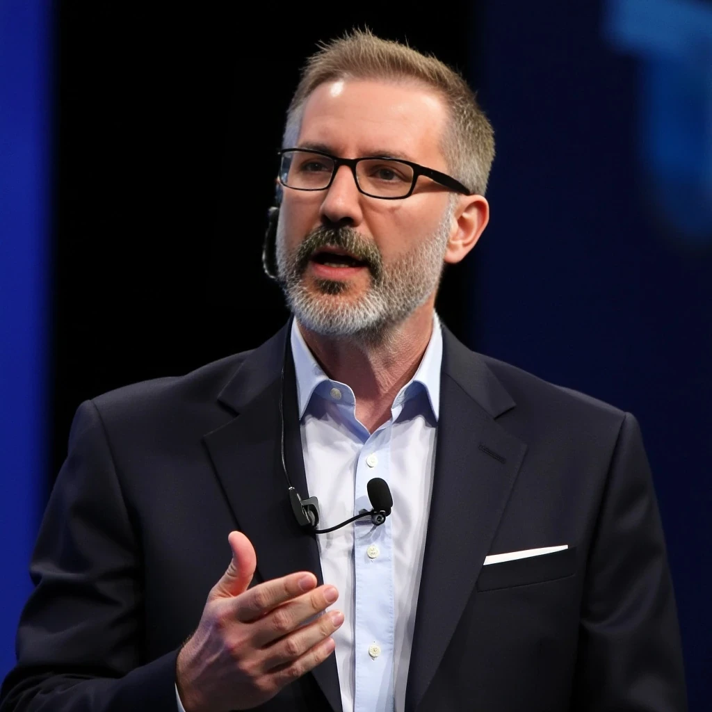 Businessman, with the exact same face as the attached photo and the exact same haircut. He is wearing a suit and modern reading glasses. He is slim but muscular, with a beard like in the photo but more well-groomed. His hair and beard are blond-based with several gray strands, just like in the photo. He is standing, giving a conference, wearing a headset microphone.