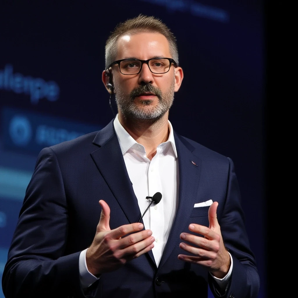 Businessman, with the exact same face as the attached photo and the exact same haircut. He is wearing a suit and modern reading glasses. He is slim but muscular, with a beard like in the photo but more well-groomed. His hair and beard are blond-based with several gray strands, just like in the photo. He is standing, giving a conference, wearing a headset microphone.