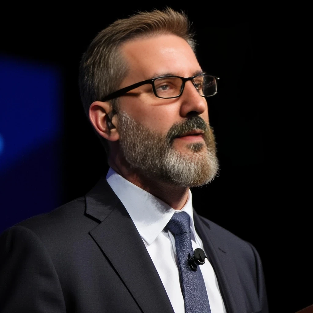 Businessman, with the exact same face as the attached photo and the exact same haircut. He is wearing a suit and modern reading glasses. He is slim but muscular, with a beard like in the photo but more well-groomed. His hair and beard are blond-based with several gray strands, just like in the photo. He is standing, giving a conference, wearing a headset microphone.