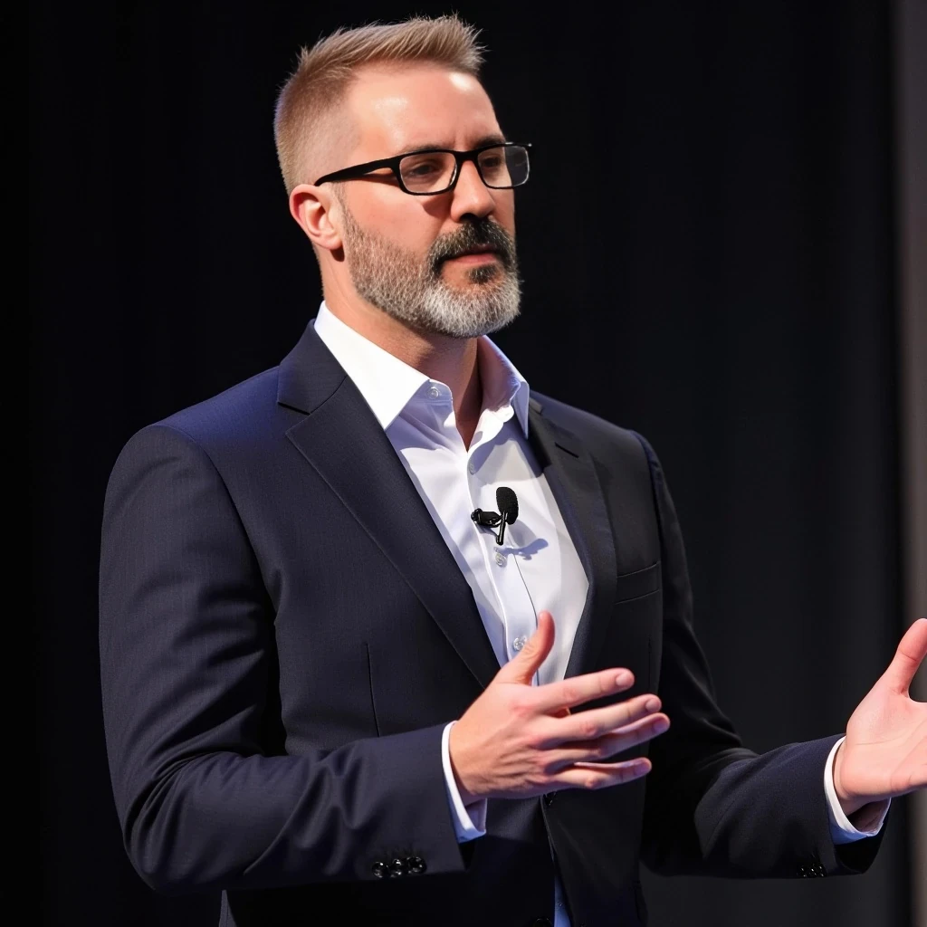 Businessman, with the exact same face as the attached photo and the exact same haircut. He is wearing a suit and modern reading glasses. He is slim but muscular, with a beard like in the photo but more well-groomed. His hair and beard are blond-based with several gray strands, just like in the photo. He is standing, giving a conference, wearing a headset microphone.