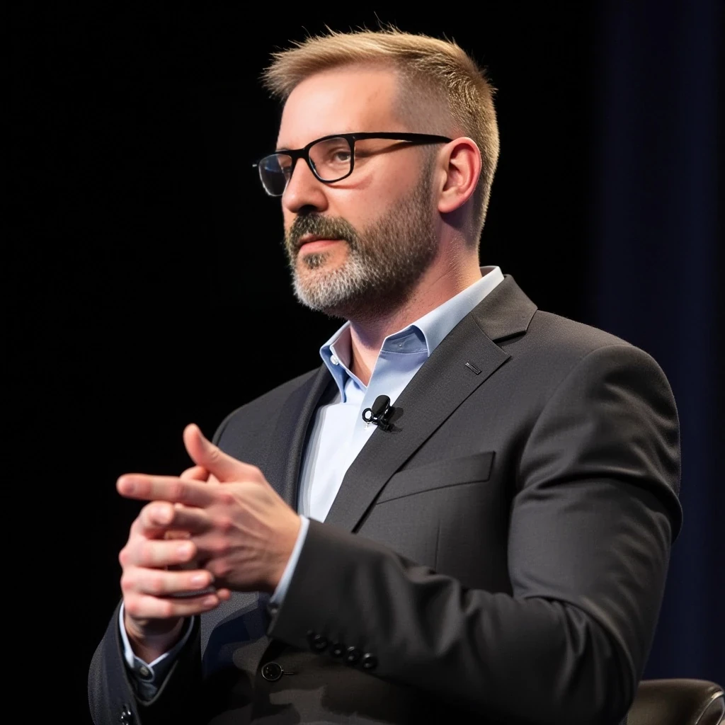 Businessman, with the exact same face as the attached photo and the exact same haircut. He is wearing a suit and modern reading glasses. He is slim but muscular, with a beard like in the photo but more well-groomed. His hair and beard are blond-based with several gray strands, just like in the photo. He is standing, giving a conference, wearing a headset microphone.