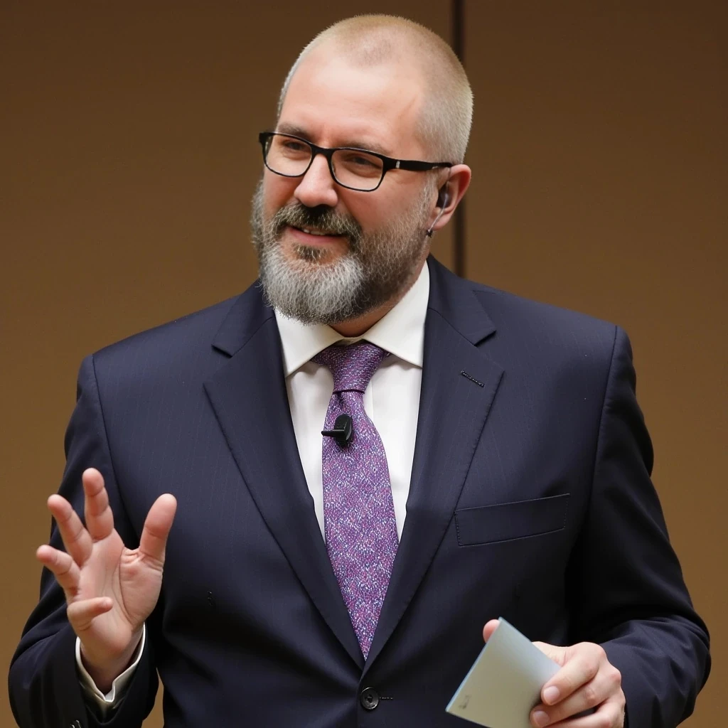 Businessman, with the exact same face as the attached photo and the exact same haircut. He is wearing a suit and modern reading glasses. He is slim but muscular, with a beard like in the photo but more well-groomed. His hair and beard are blond-based with several gray strands, just like in the photo. He is standing, giving a conference, wearing a headset microphone.