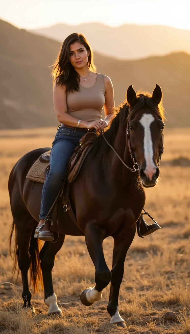 IMG_1589.HEIC  
CSTMDL woman horseback riding at golden hour on a bold dark-bay horse with a white blaze, in a dry grassy field with soft foothills in the background (Denver vibe). Friend-taken, candid iPhone-style portrait: camera ~6–8 feet back, 3/4 frontal view showing her from head to mid-thigh plus the horse’s head and shoulders. She wears a fitted neutral-toned sleeveless top and dark blue jeans with ankle boots; minimal jewelry (simple necklace or bracelet only), natural glam makeup, and soft wavy hair. Warm sunset rim light on her hair and shoulders, realistic skin texture, shallow depth of field, relaxed confident expression. Her face matches the reference seed exactly — same cheekbones, almond eyes, and subtle smile, including a small diamond nose stud that catches the light naturally.  

--no Apple Watch, no studio lighting, no airbrushed/plastic skin, no warped tack, no deformed horse anatomy, no extra limbs/fingers, no text/watermark  

Annotation: aspect ratio 9:16, LoRA:MouFace_v1:0.9, guidance 2.5, reuse seed 6721203