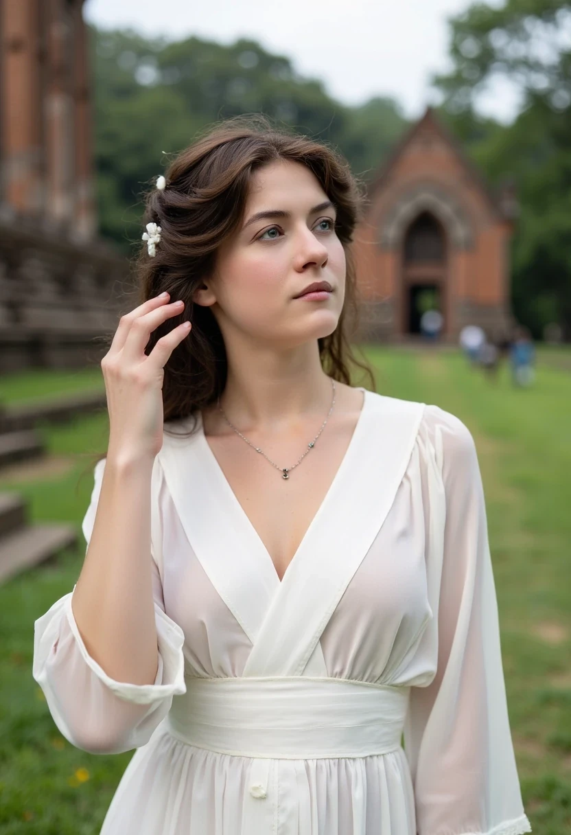 woman CSTMDL, photo ((medium)), brunette, blue eyes, cold smile, 1900 white dress, small pendant, tied hair, big breast, thin waistcambodian khmer ruins in background